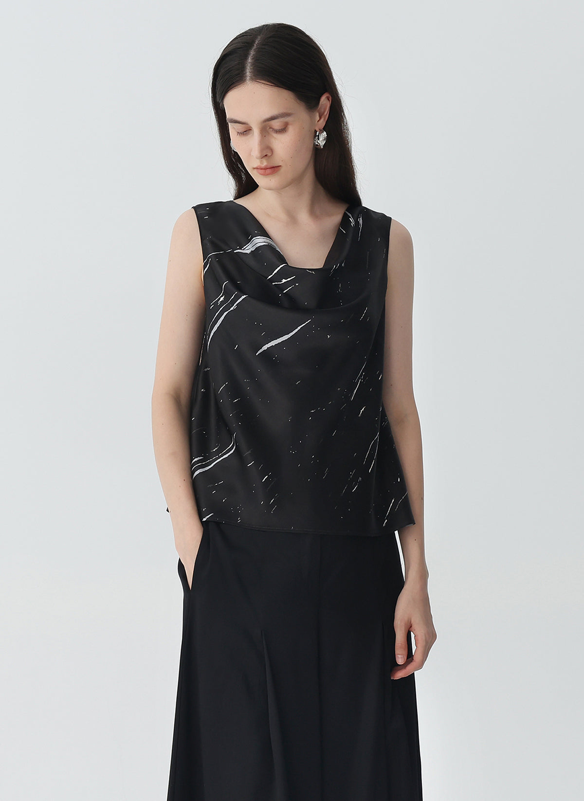 Sleeveless Cowl Neck Tank Top in Silk #color_Marble