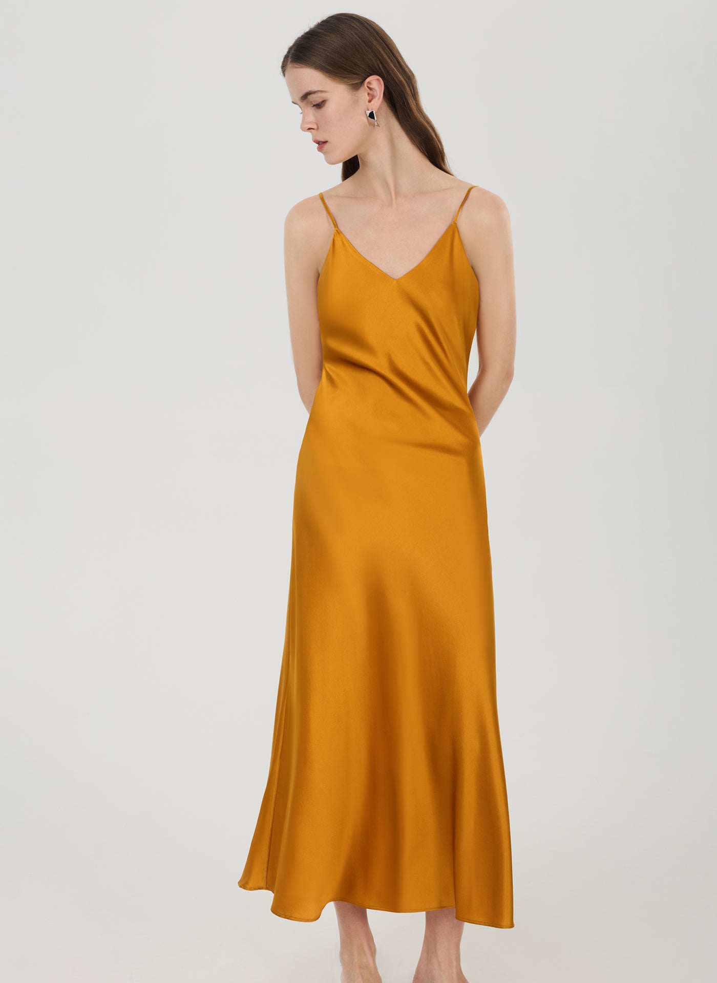 Silk V-Neck Slip Maxi Dress#color_Amber