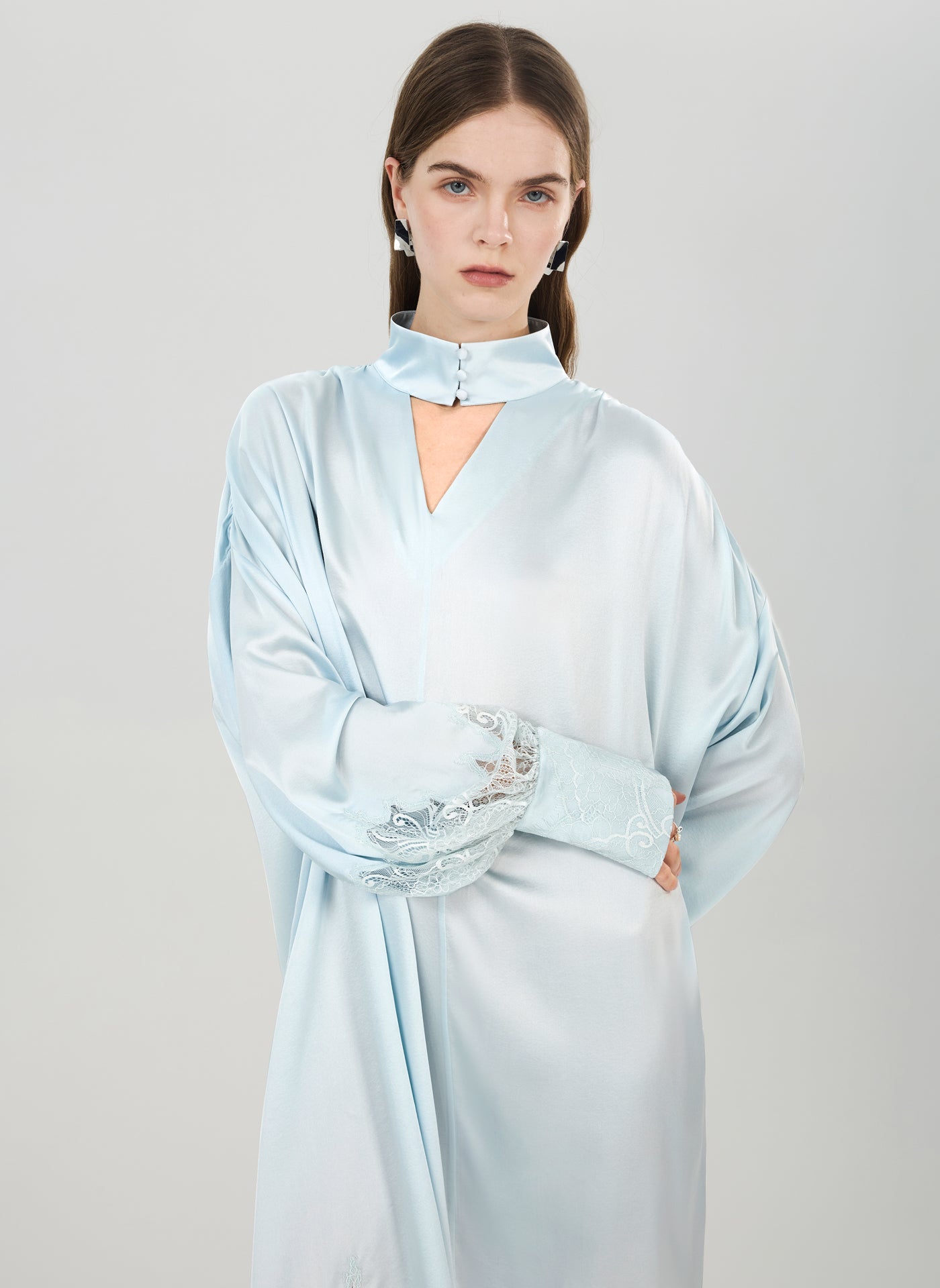Silk Lace-Trim Balloon Sleeve Dress#color_Baby Blue