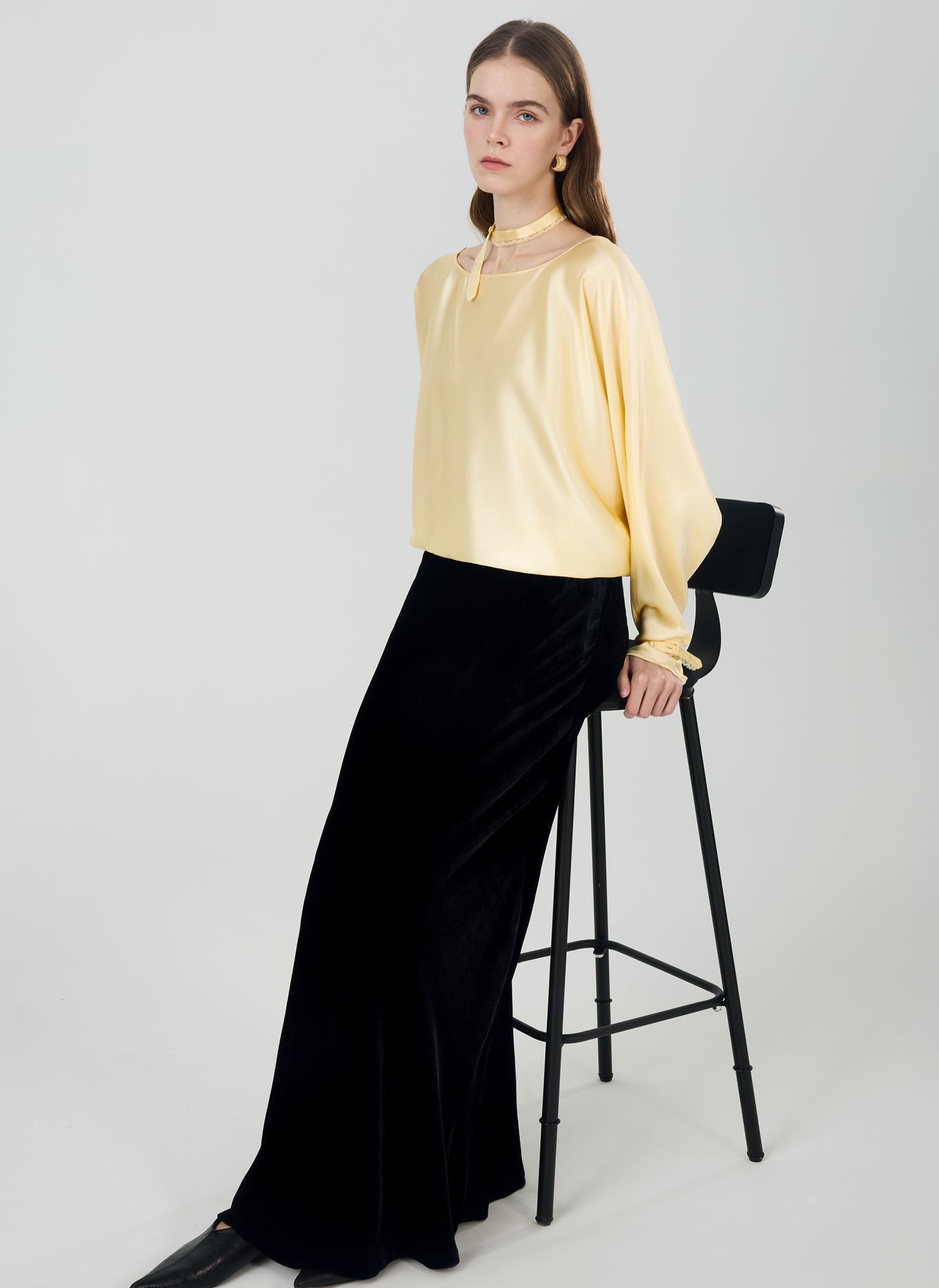Mulberry Silk Lace-Back Blouse#color_Light Lemon Yellow