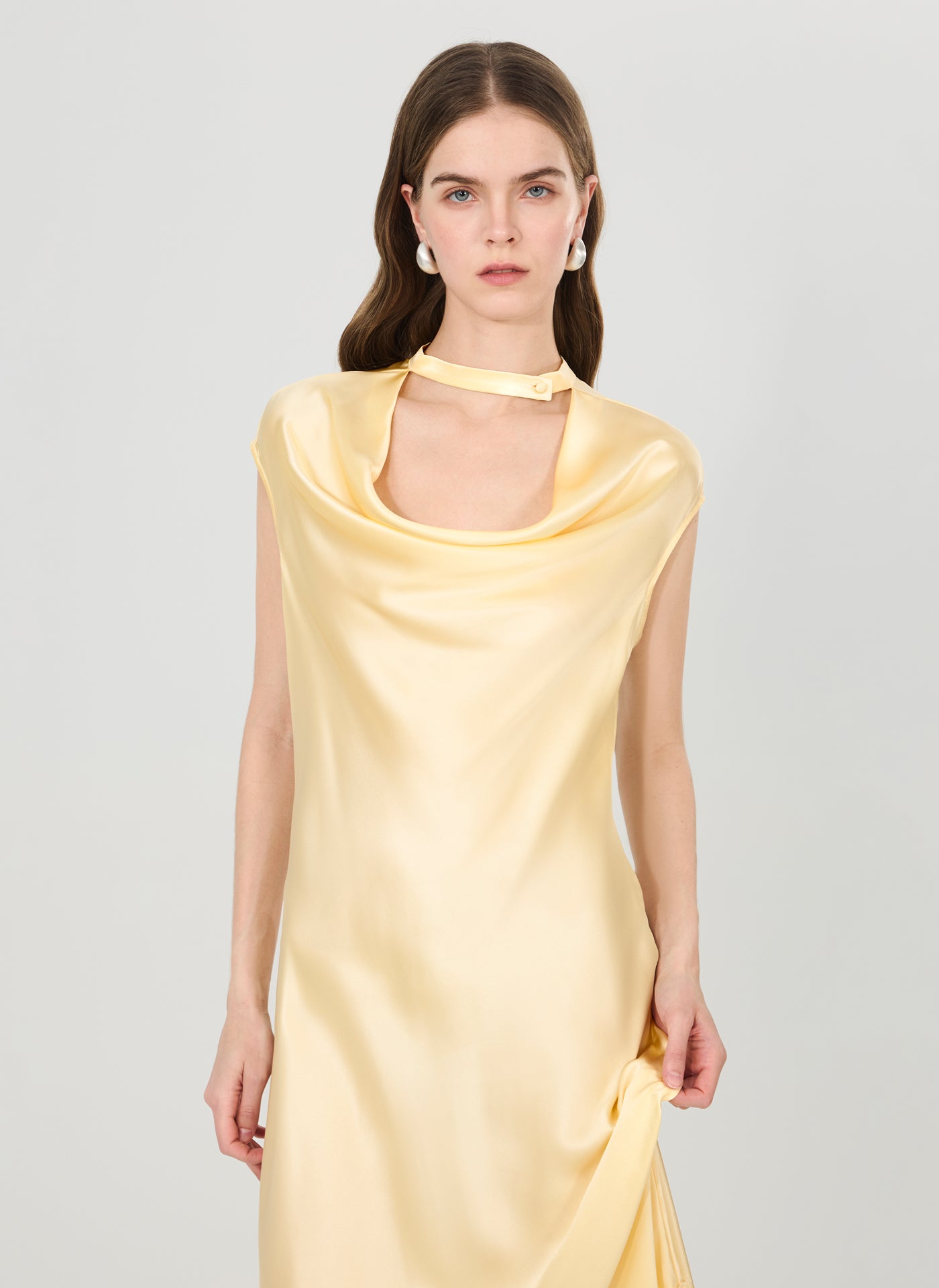 Silk Cowl Neck Maxi Dress with Sheer Hem#color_Light Lemon Yellow