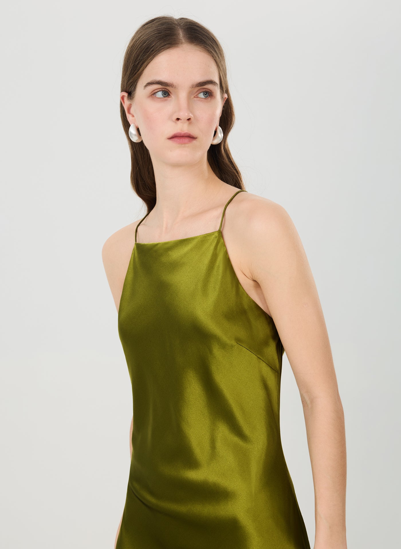 Beaded Back Halter Silk Maxi Dress#color_Dark Olive