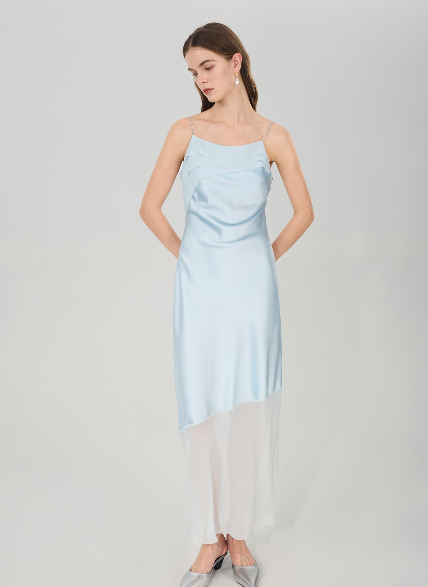 Silk Draped Slip Dress with Sheer Hem#color_Baby Blue