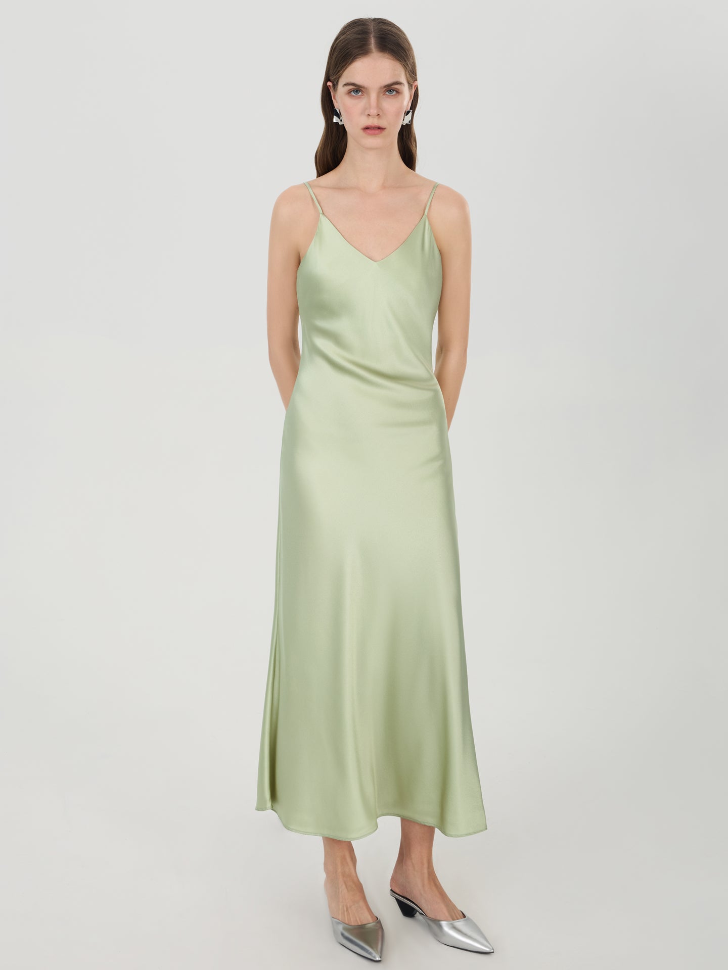 Silk V-Neck Slip Maxi Dress#color_Sage Green