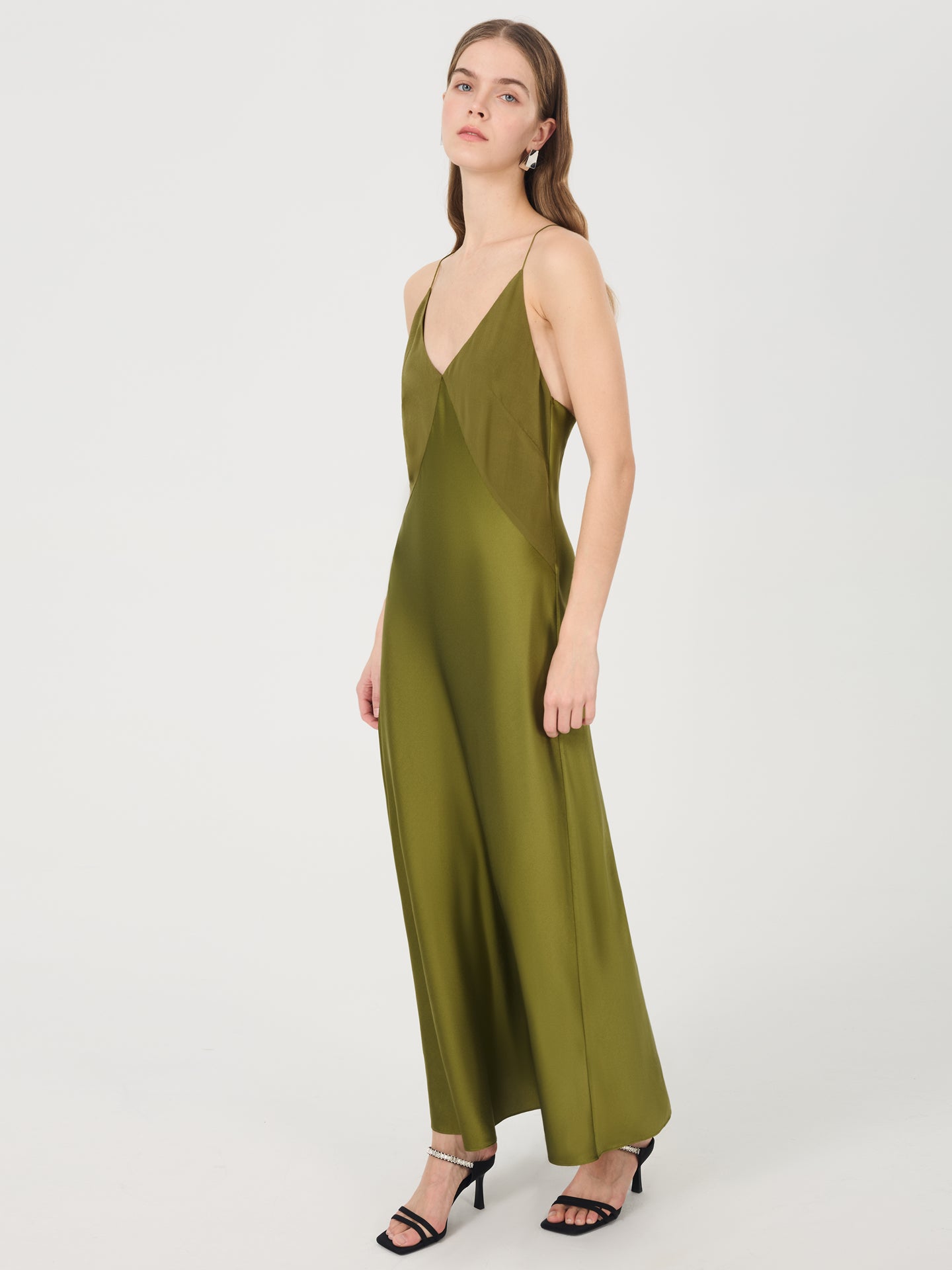 Mulberry Silk Slip Dress with Cross-Back Strapss#color_Dark Olive