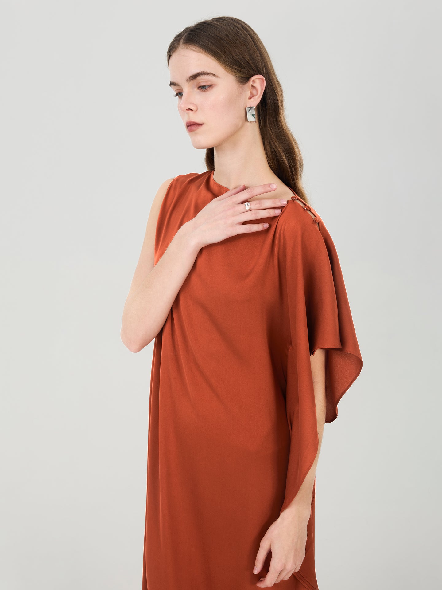 19 Momme Silk Asymmetric Ruffle Dress#color_Terracotta