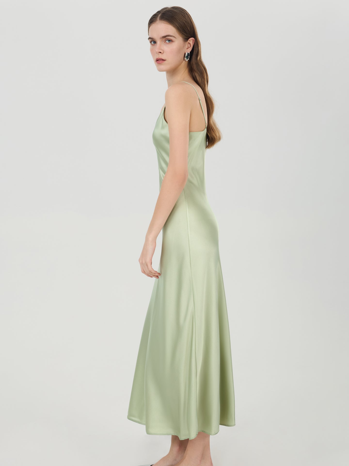 Silk V-Neck Slip Maxi Dress#color_Sage Green