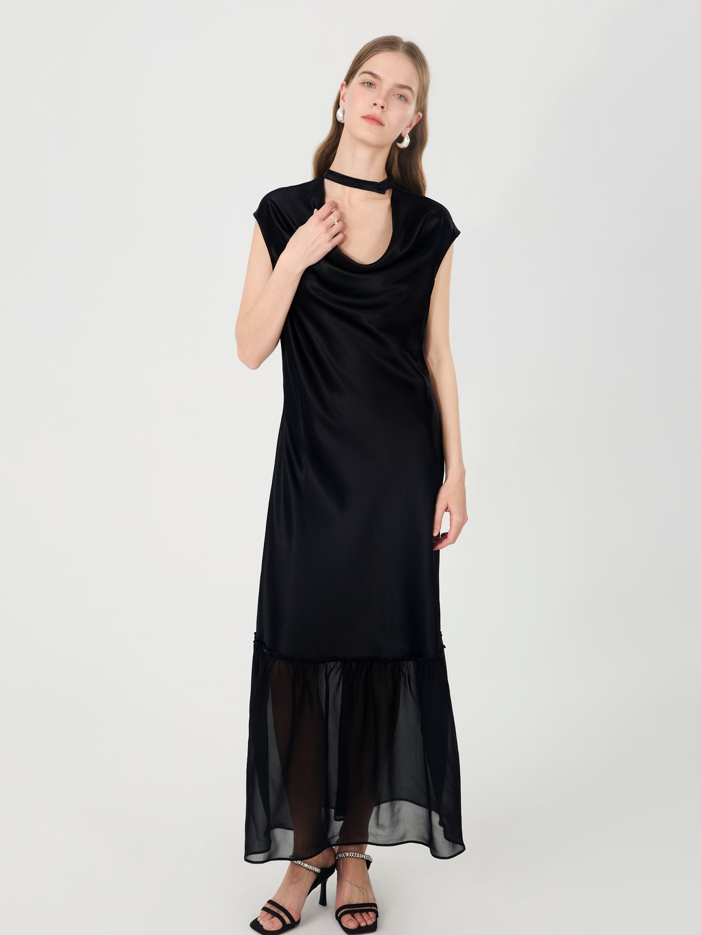 Silk Cowl Neck Maxi Dress with Sheer Hem#color_Black