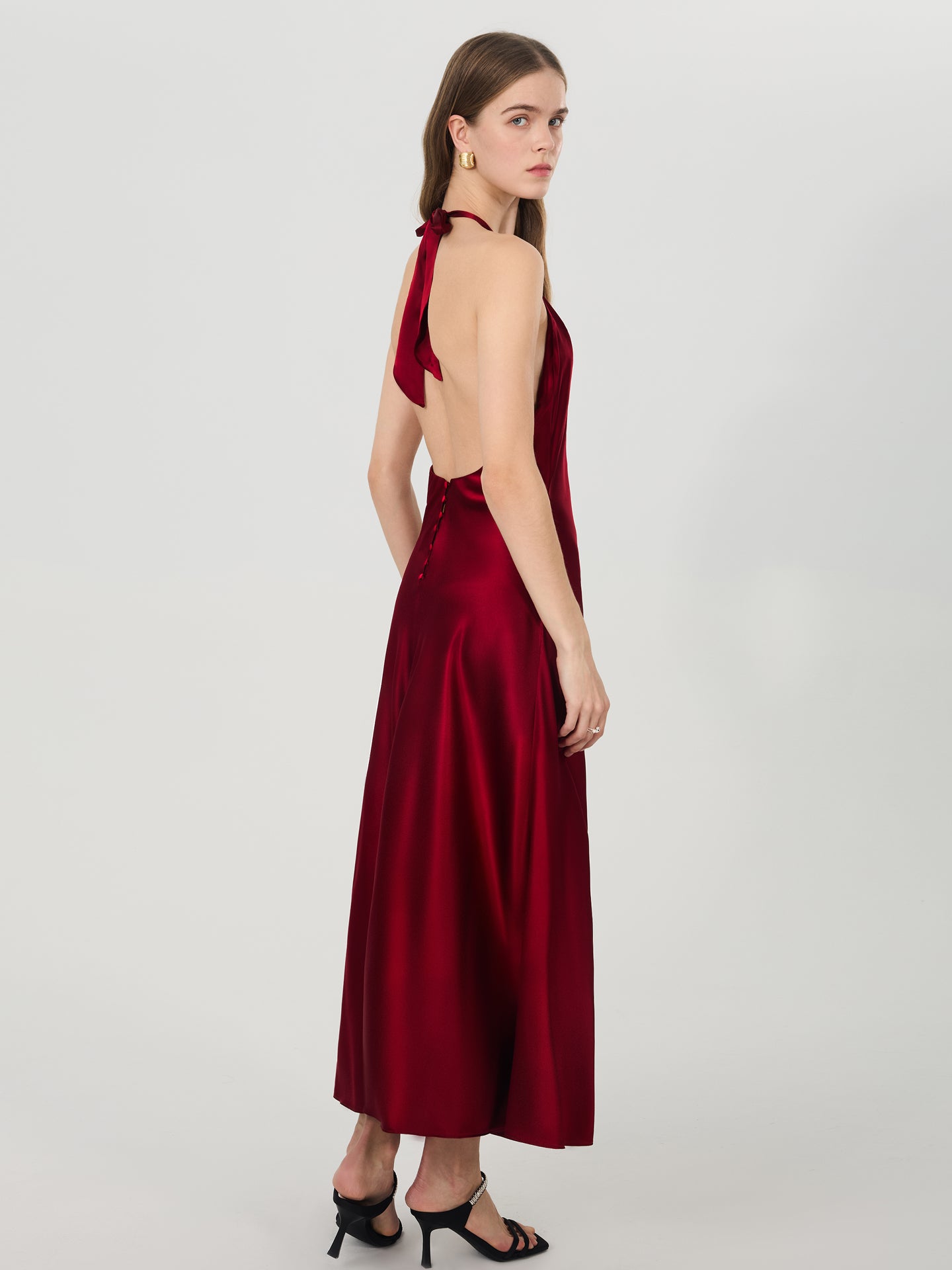 Silk Halter Backless Midi Dress#color_Burgundy