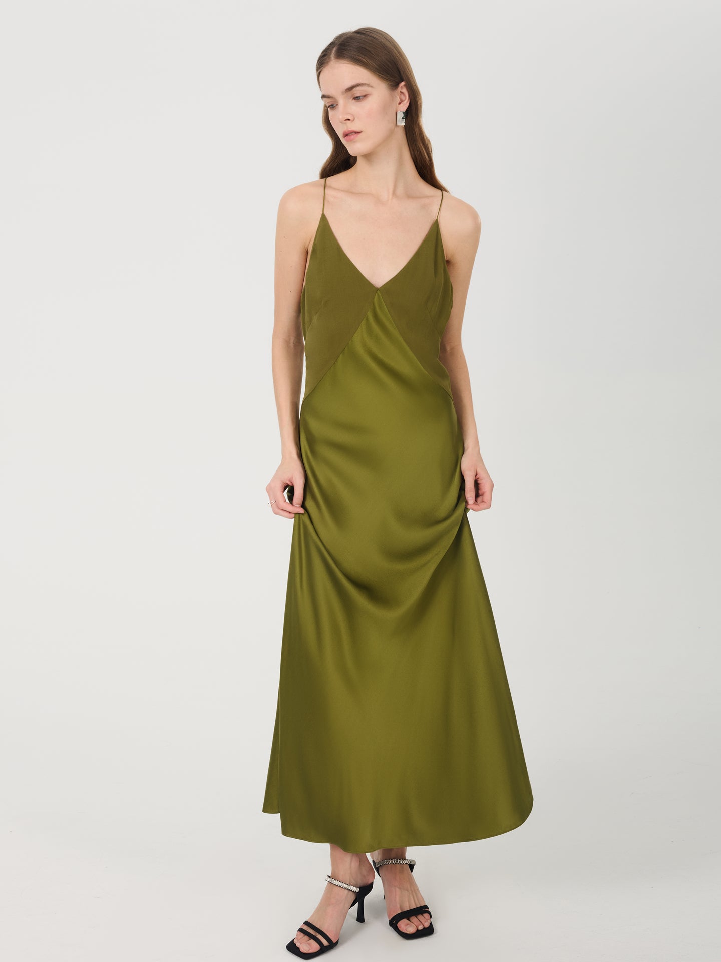 Mulberry Silk Slip Dress with Cross-Back Strapss#color_Dark Olive