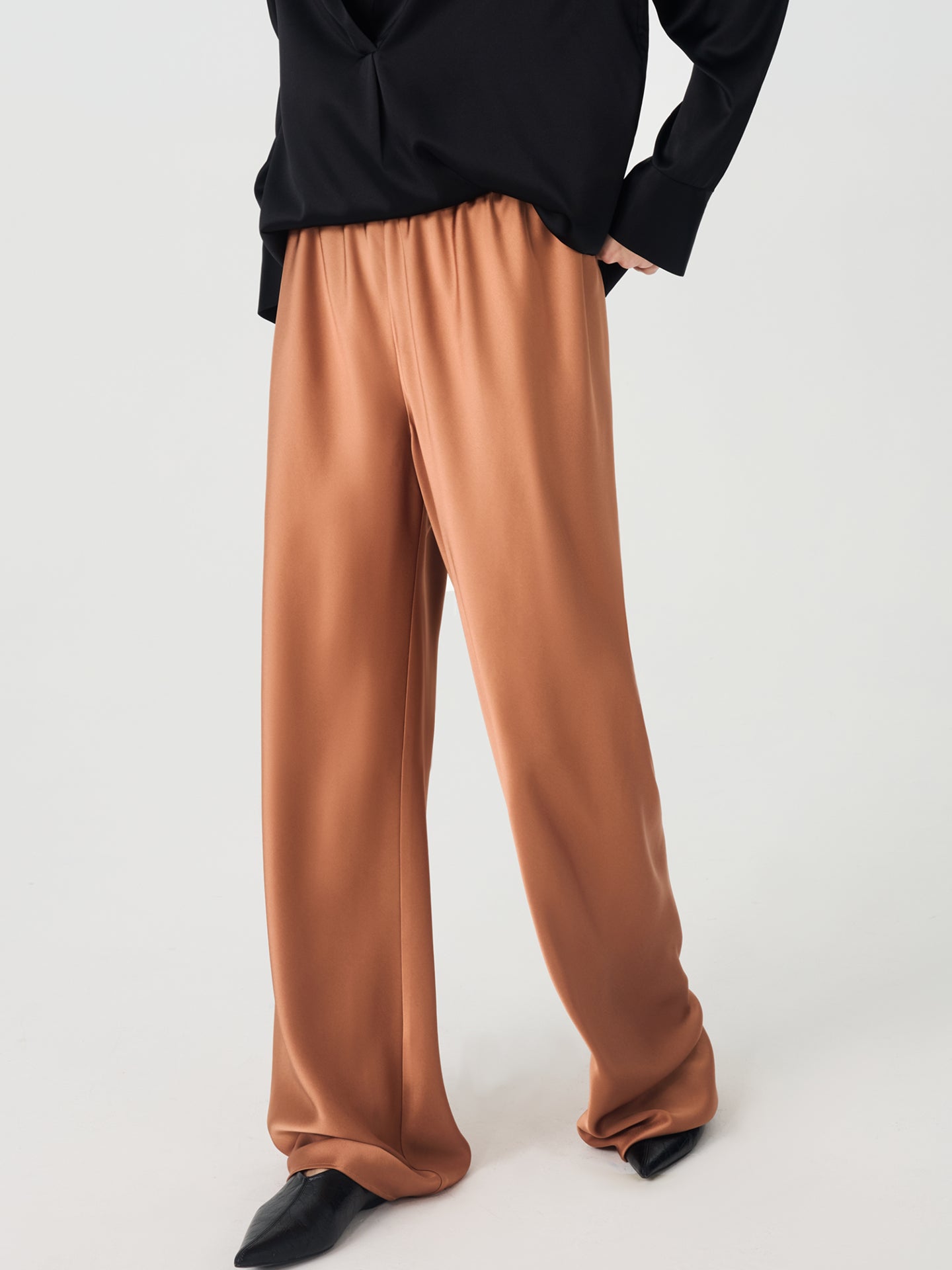 Fluid Wide-Leg Draped Pants#color_Caramel