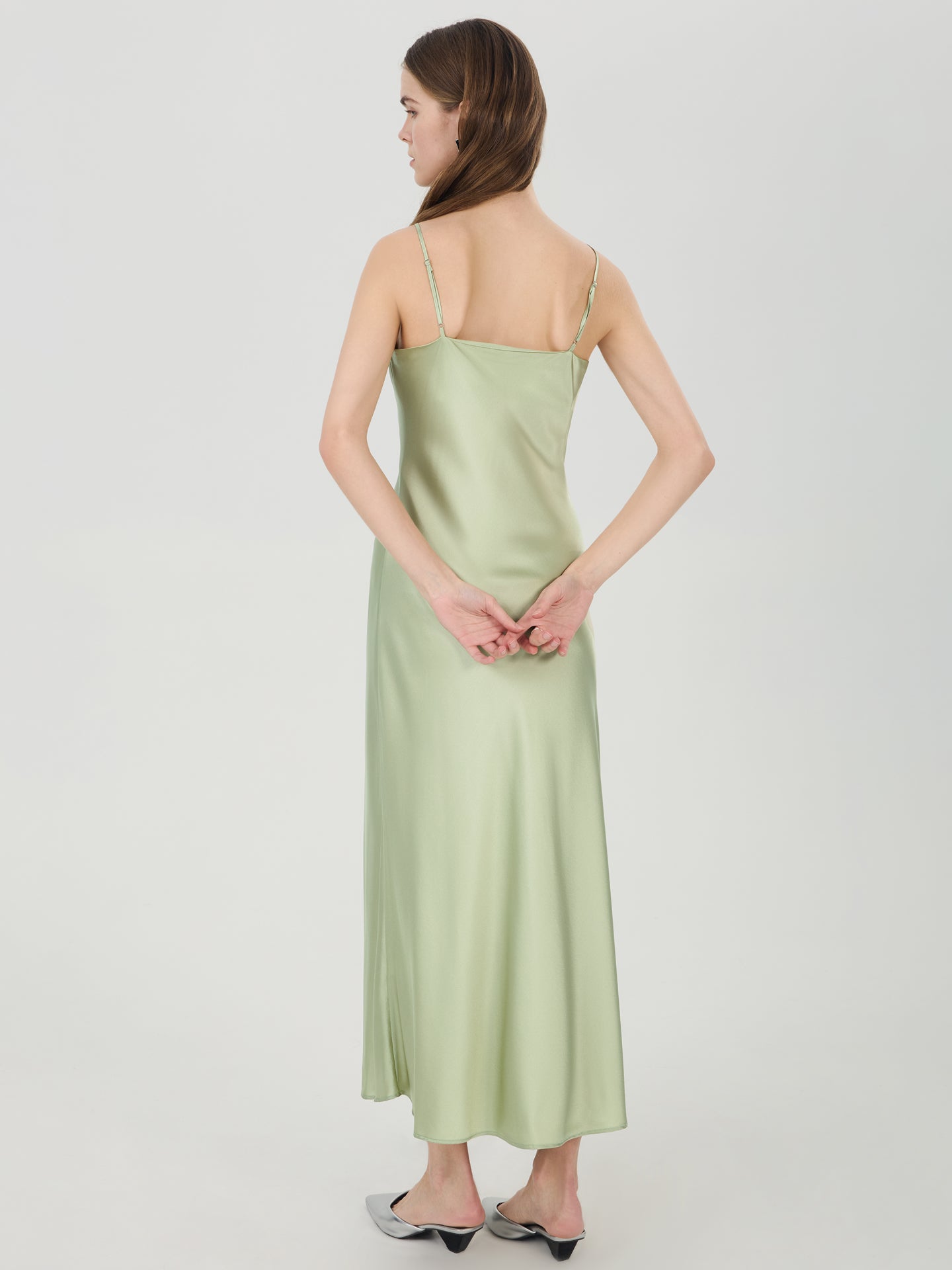 Silk V-Neck Slip Maxi Dress#color_Sage Green