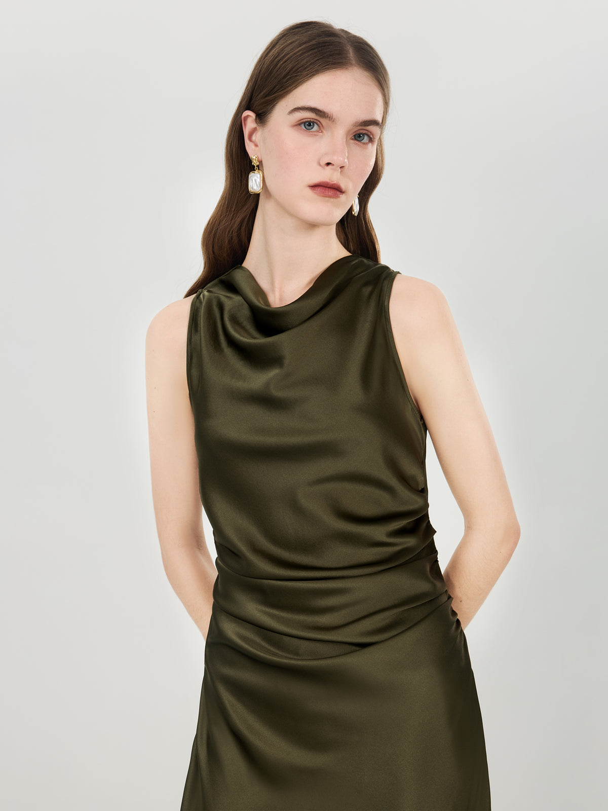 Silk Draped Cowl Neck Midi Dress#color_Army Green