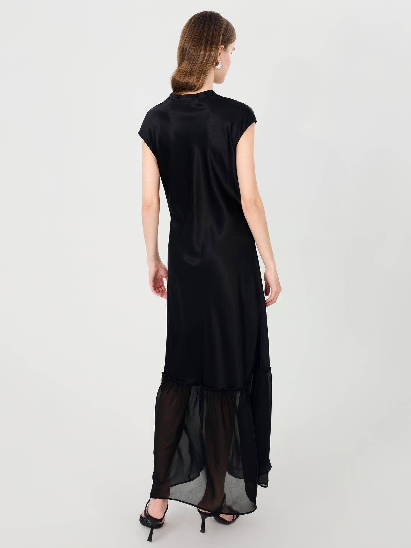 Silk Cowl Neck Maxi Dress with Sheer Hem#color_Black