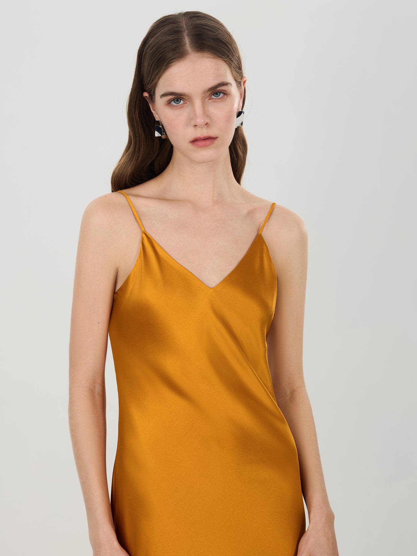 Silk V-Neck Slip Maxi Dress#color_Amber