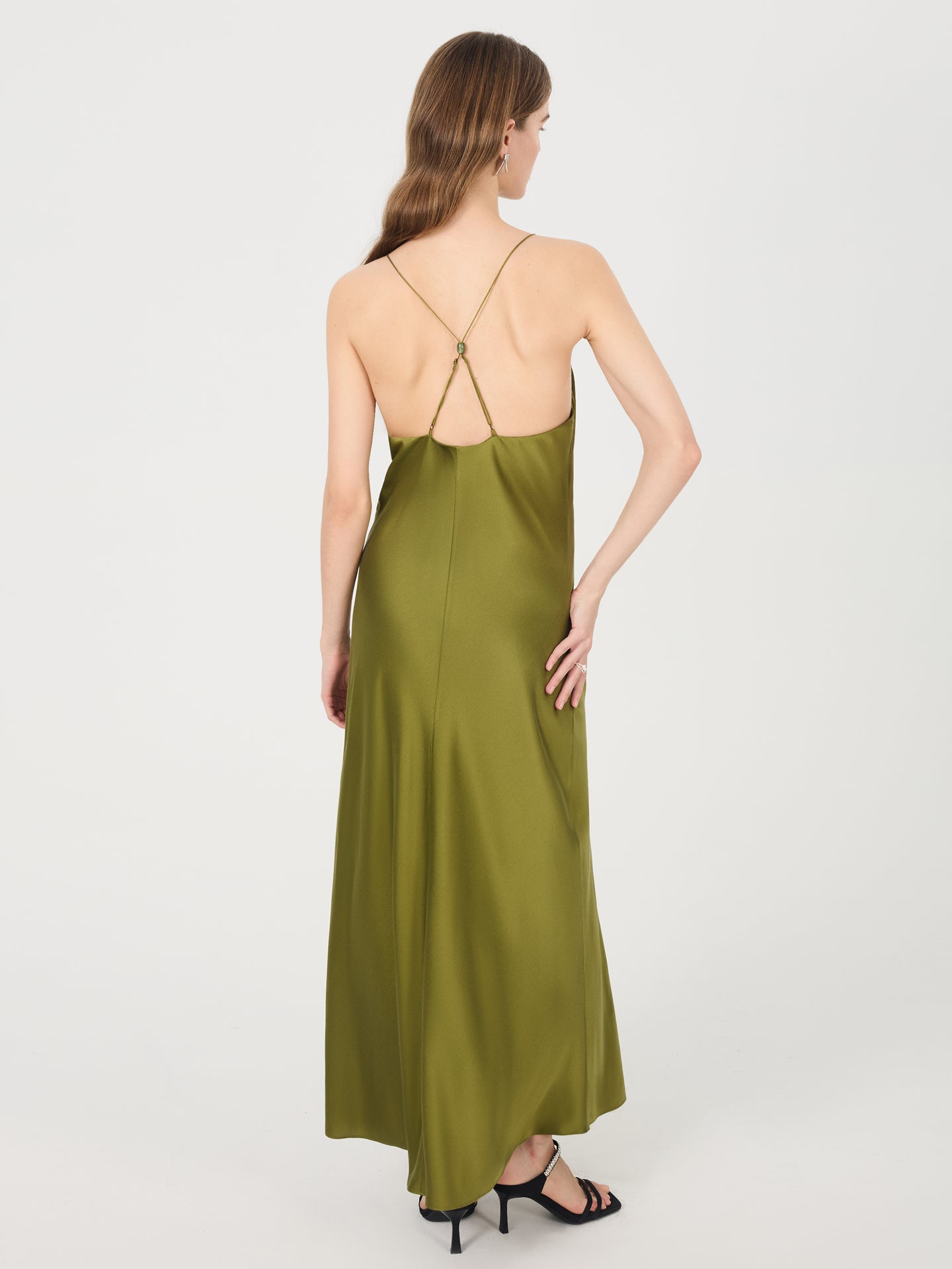 Mulberry Silk Slip Dress with Cross-Back Strapss#color_Dark Olive