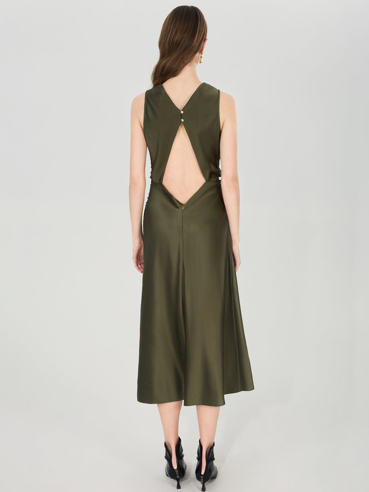 Silk Draped Cowl Neck Midi Dress#color_Army Green