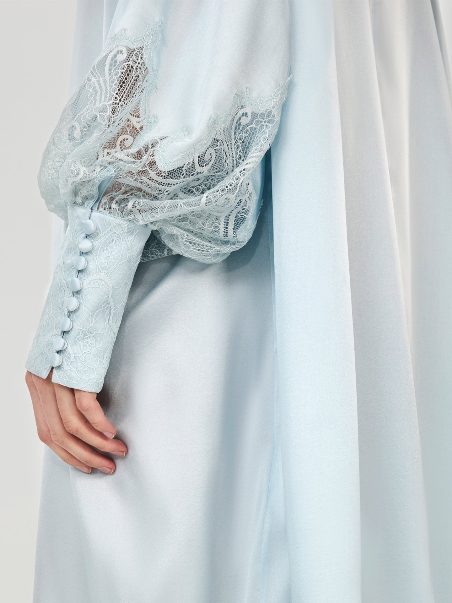 Silk Lace-Trim Balloon Sleeve Dress#color_Baby Blue