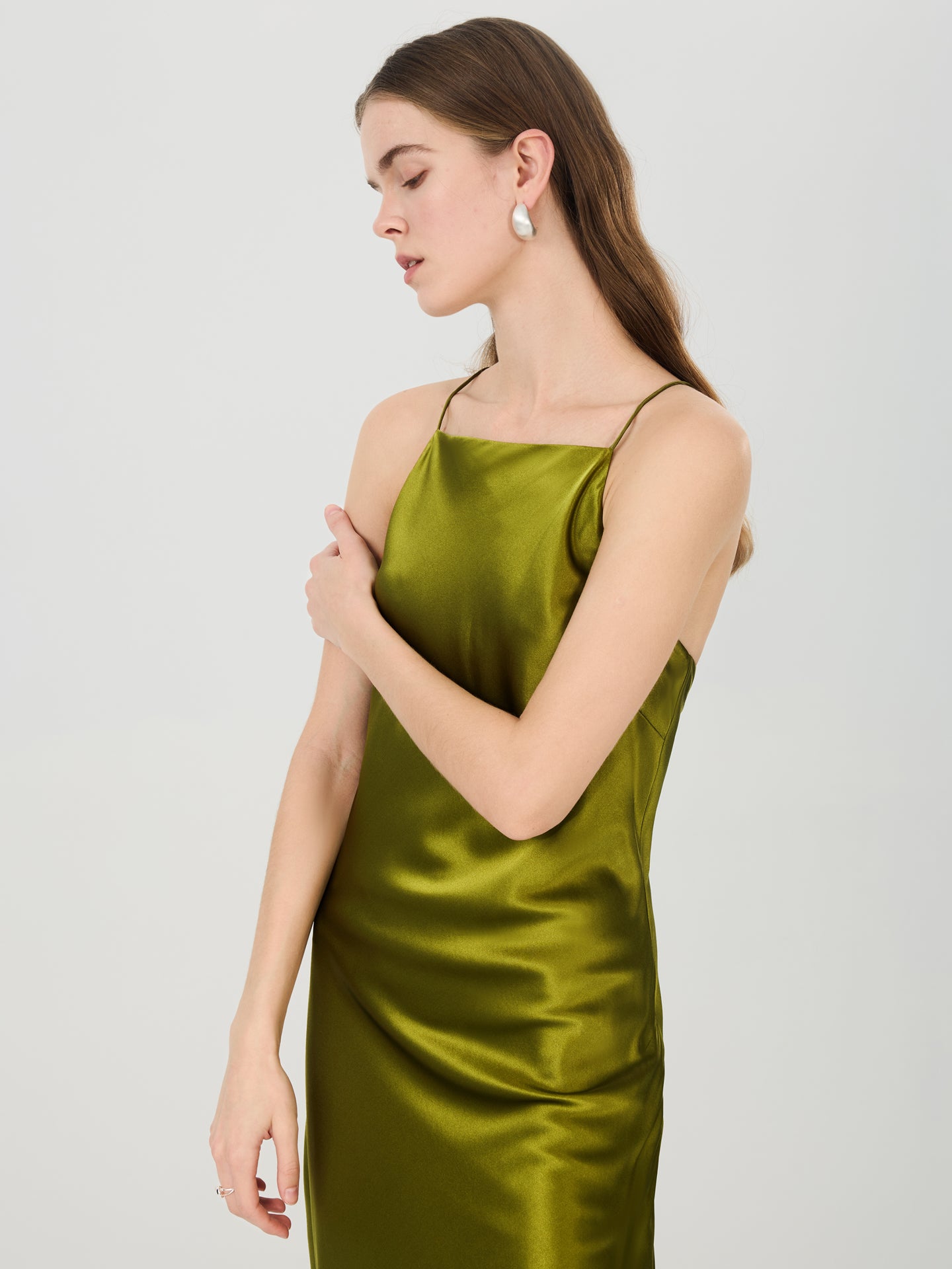 Beaded Back Halter Silk Maxi Dress#color_Dark Olive