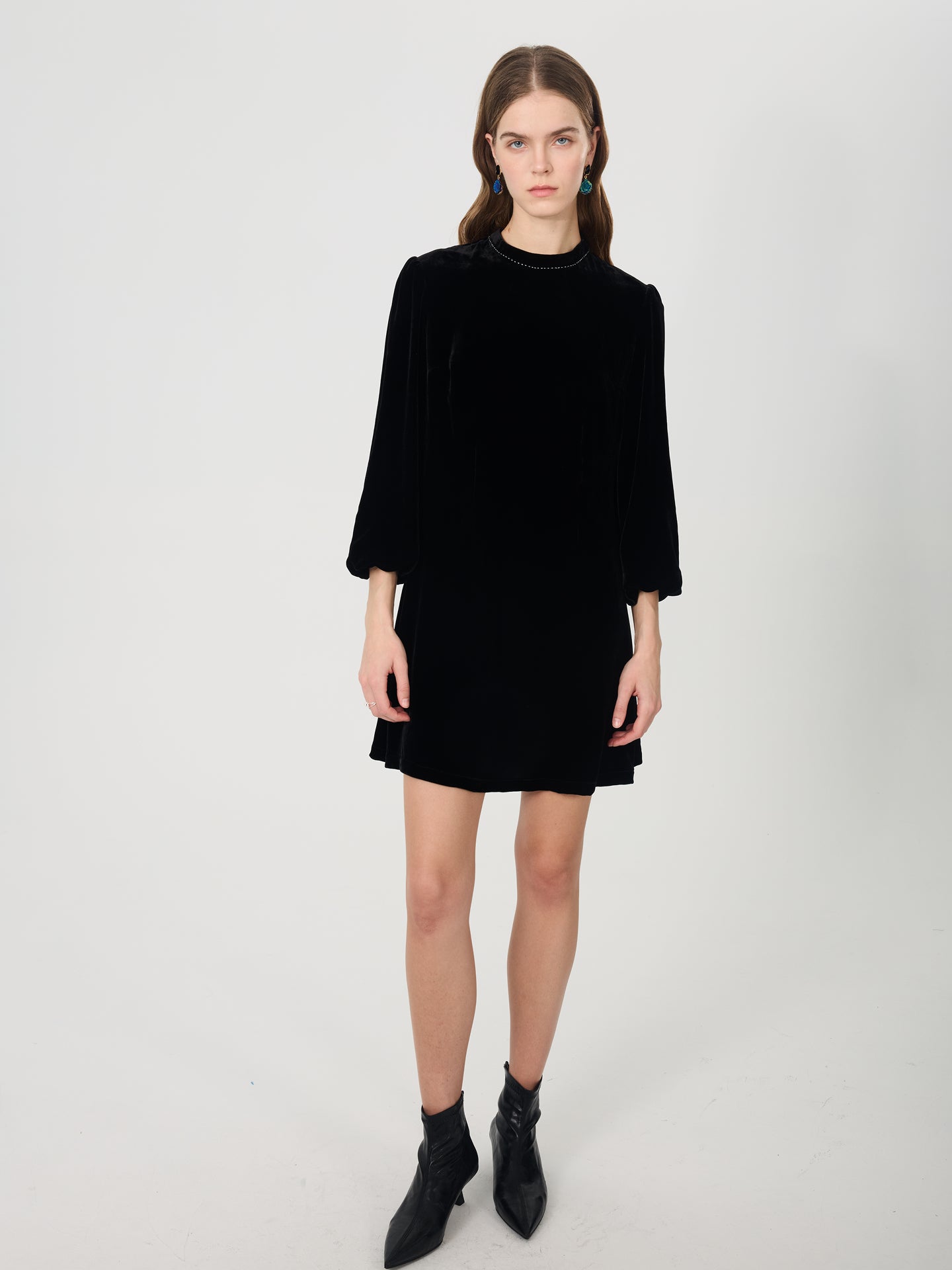 Silk Velvet Lantern Sleeve Mini Dress#color_Black