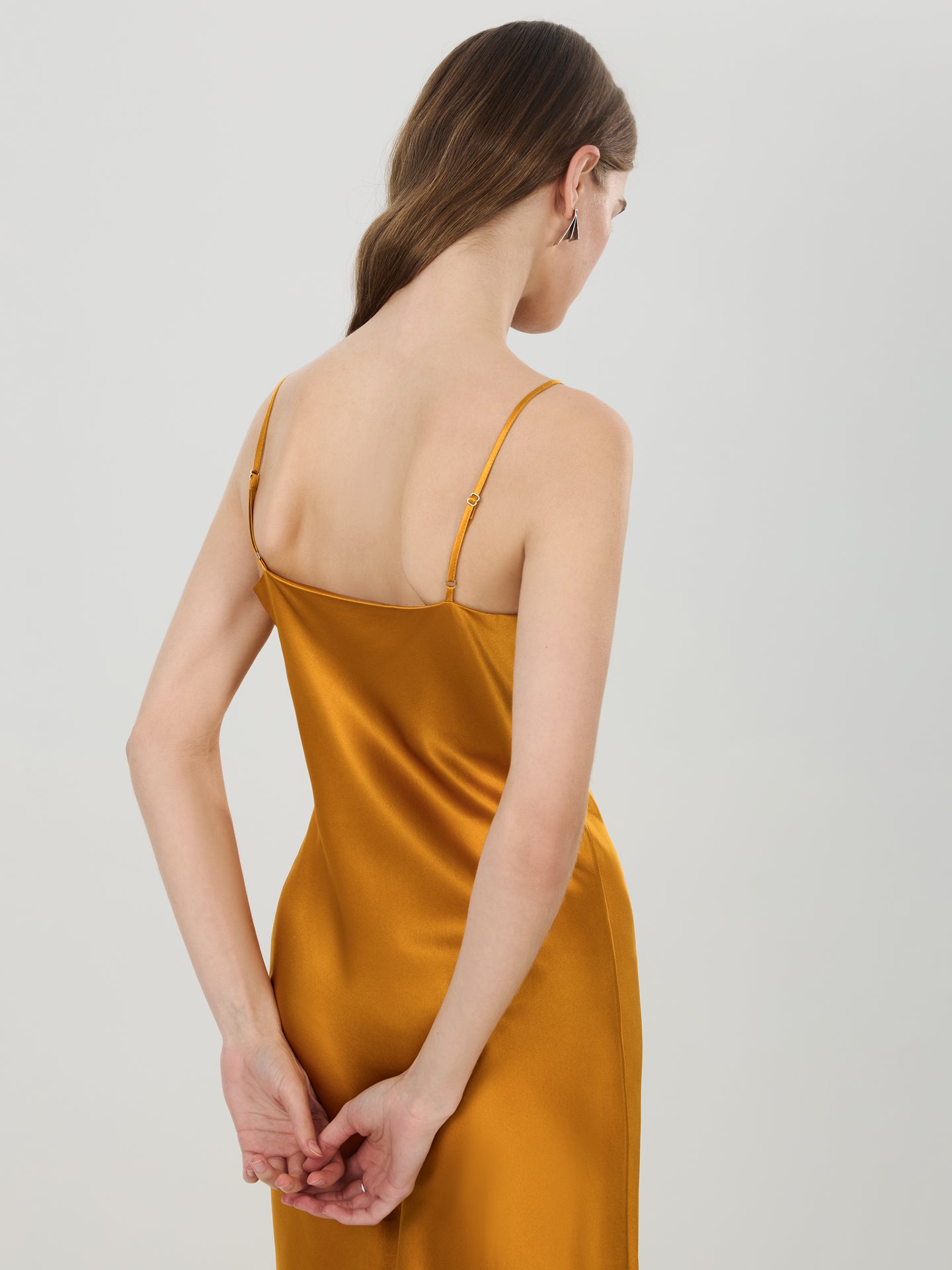 Silk V-Neck Slip Maxi Dress#color_Amber
