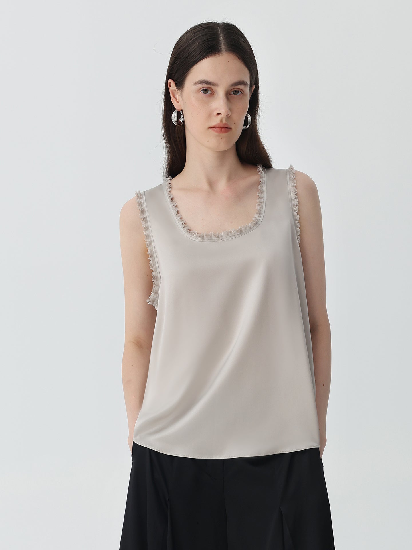 Sleeveless Tank Top in Silk #color_Soft Gray White