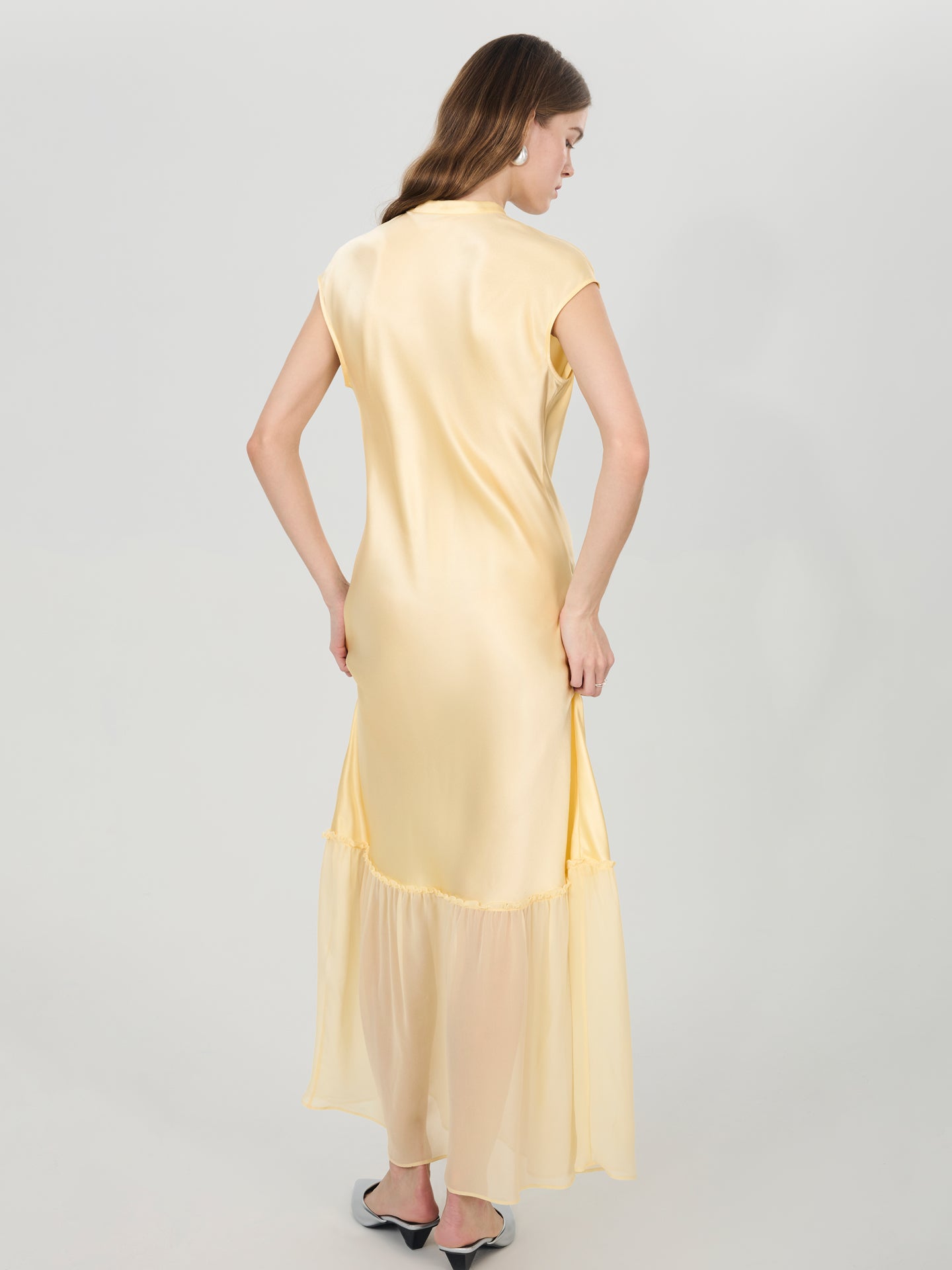 Silk Cowl Neck Maxi Dress with Sheer Hem#color_Light Lemon Yellow