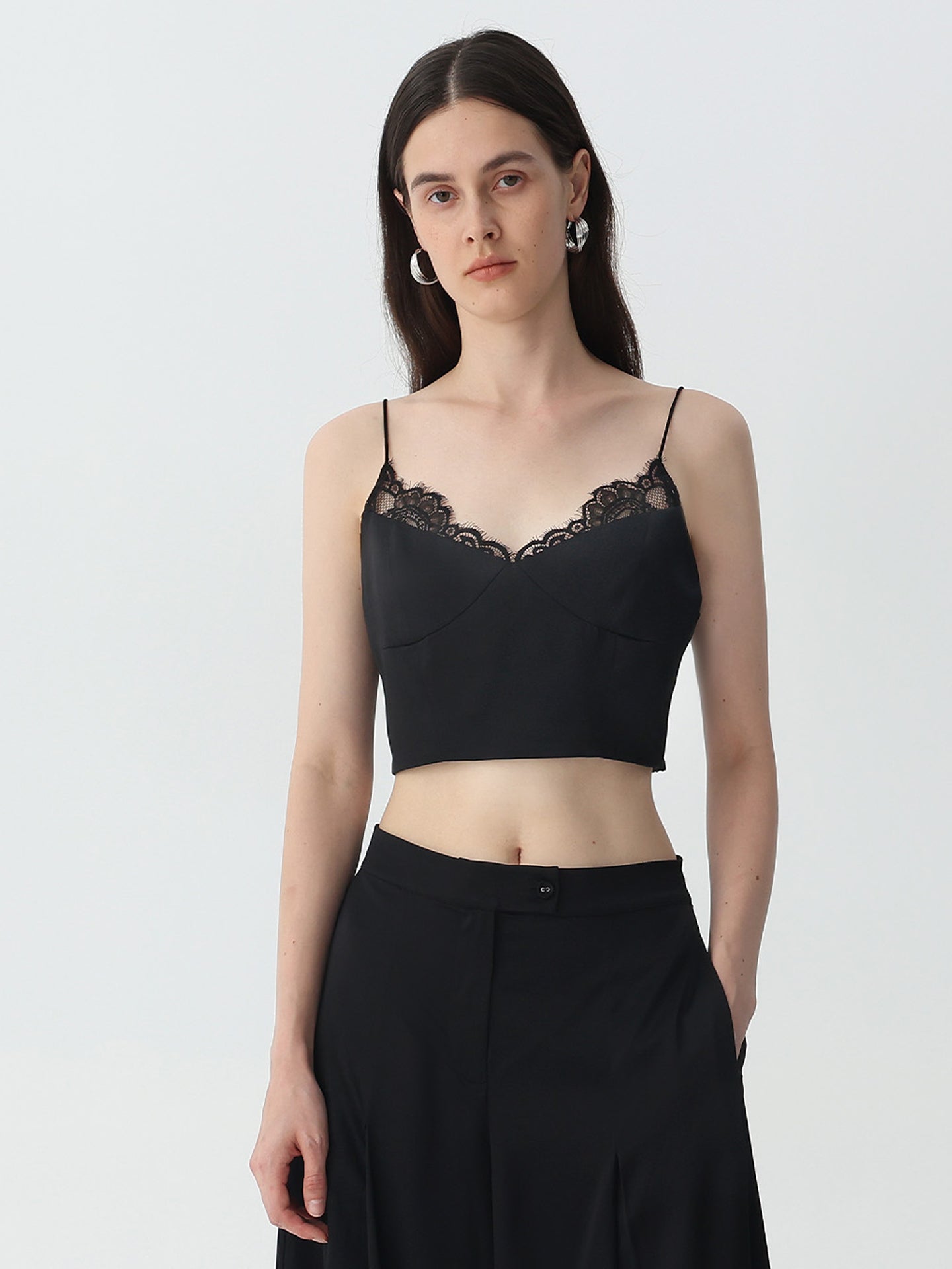 Women's Lace Camisole Crop Top #color_Black