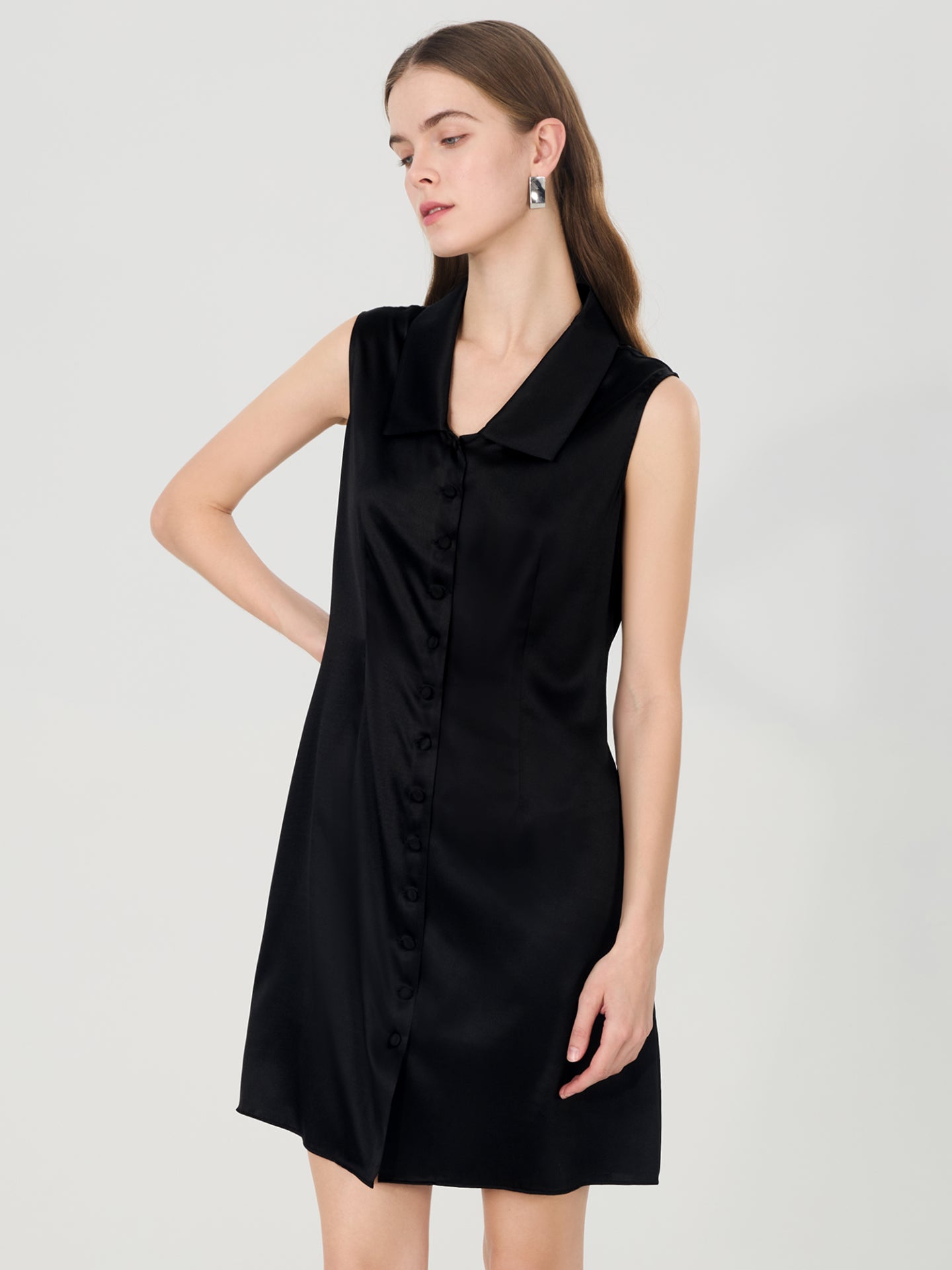 Silk Tailored Shirt Mini Dress#color_Black