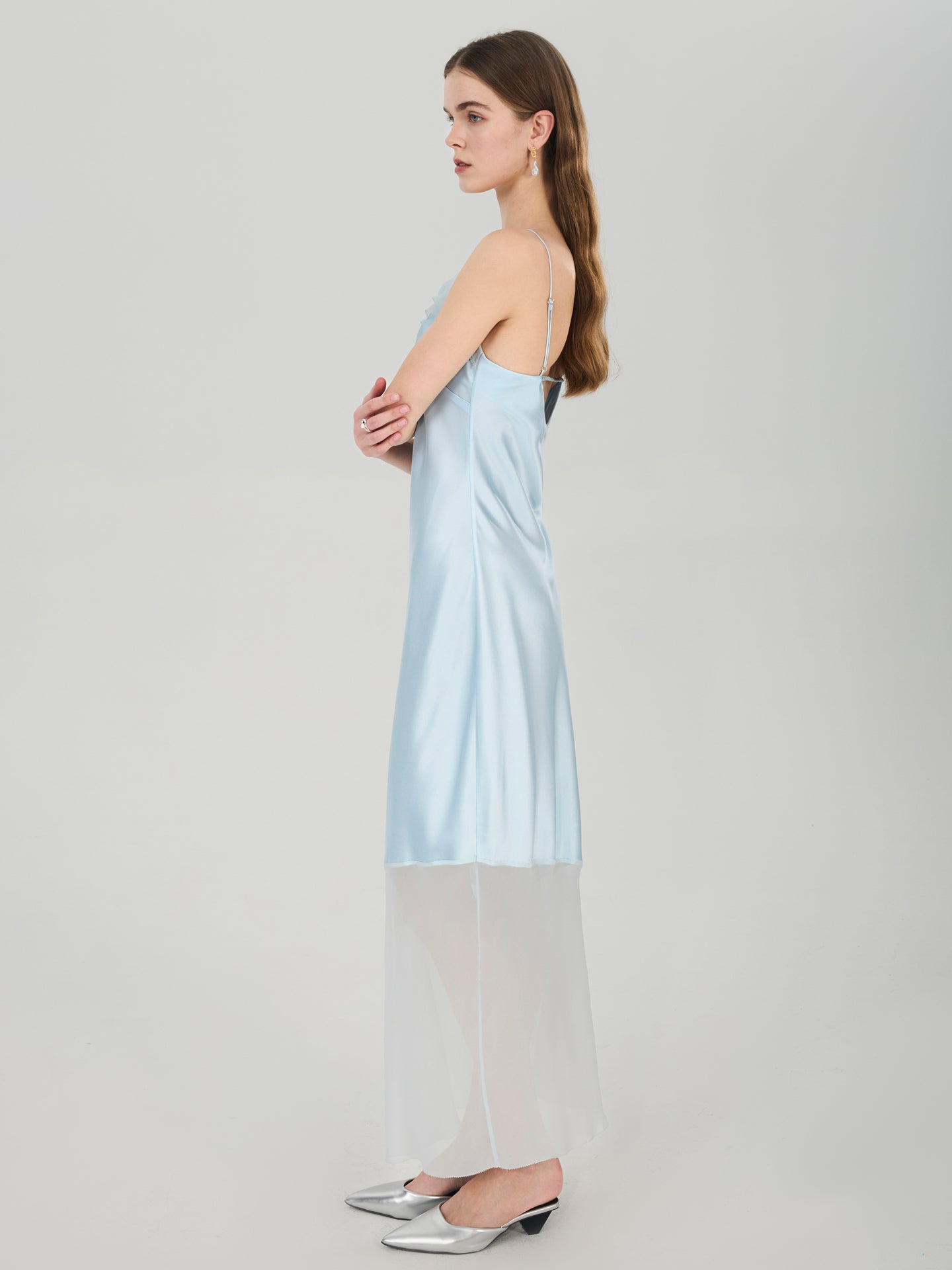 Silk Draped Slip Dress with Sheer Hem#color_Baby Blue