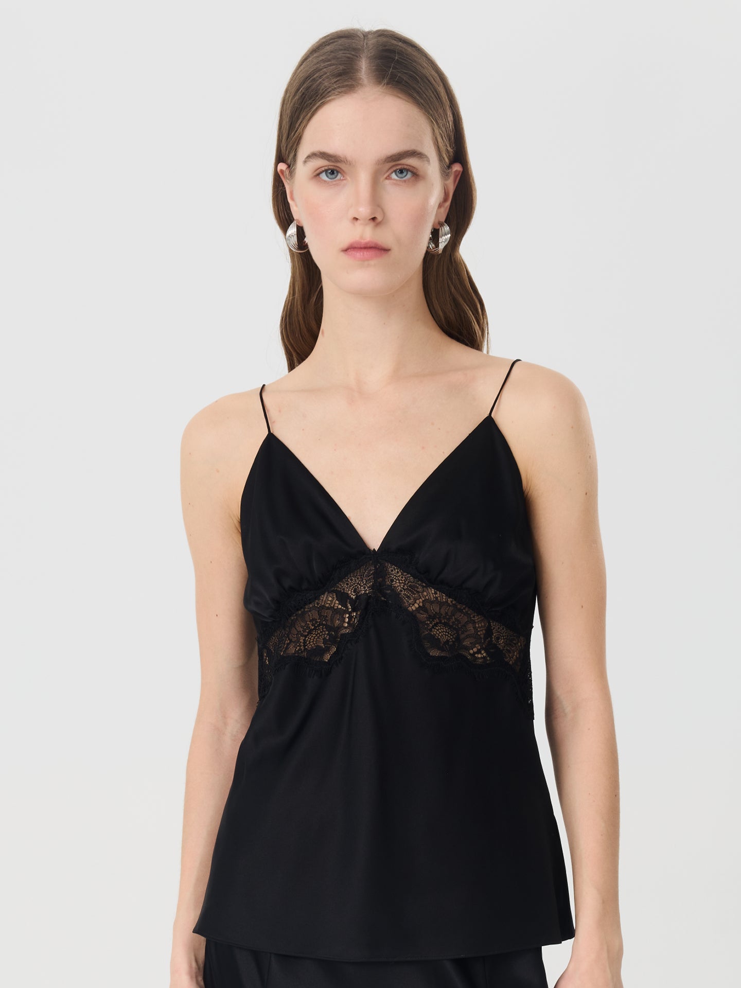 Silk Camisole with Lace Panel#color_Black