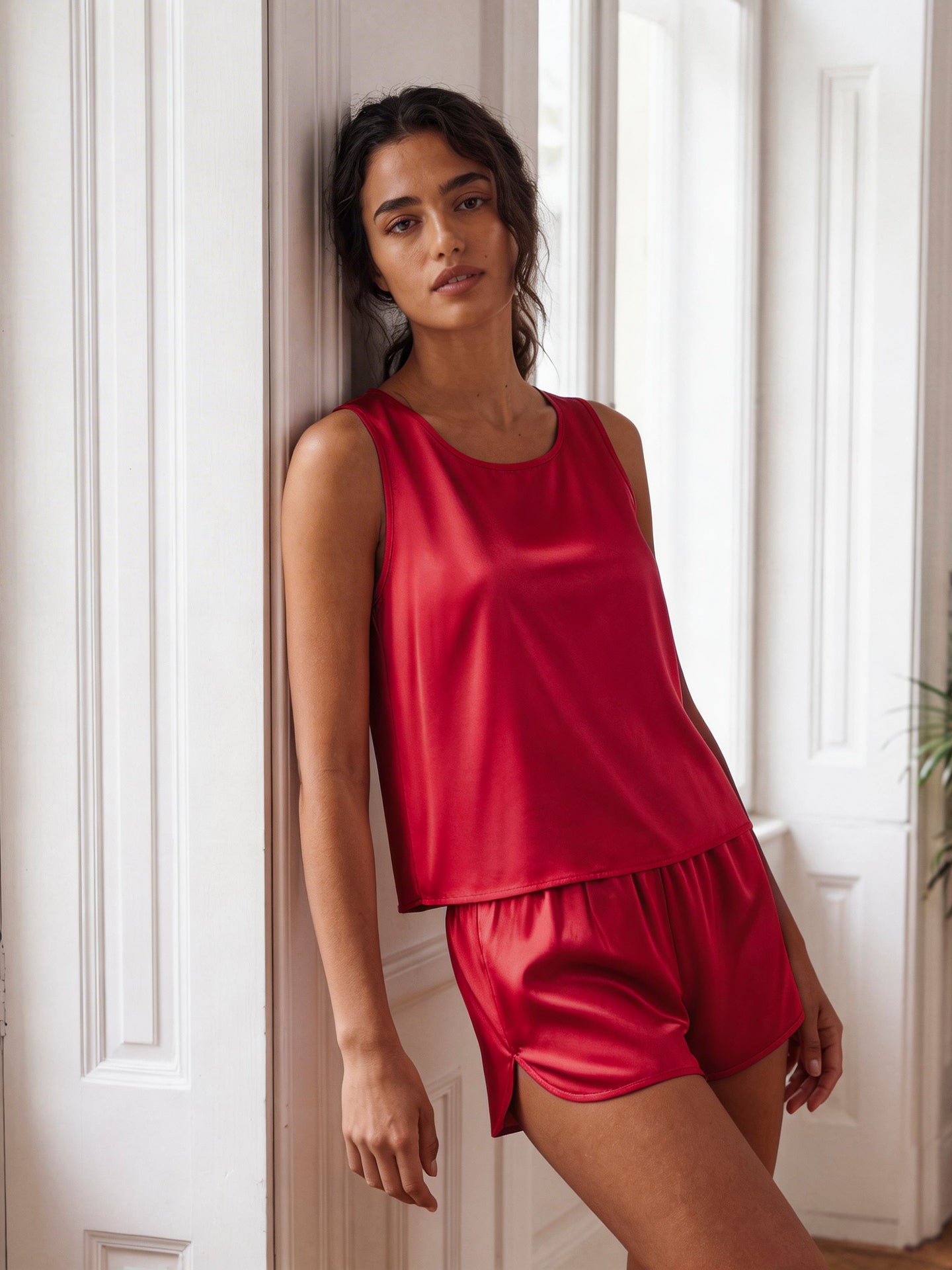 19 Momme Mulberry Silk Tank Pajama Set with Shorts#color_Red
