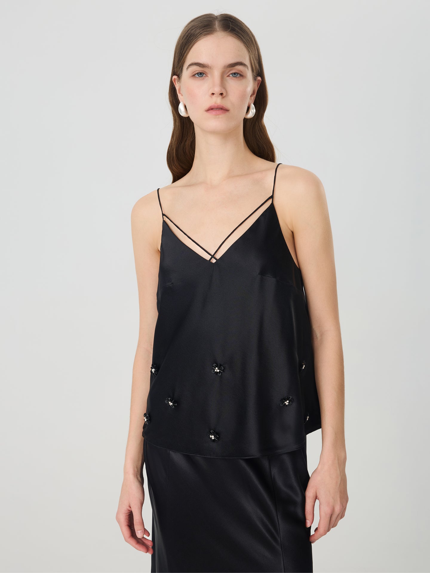 Silk Strappy Camisole with Floral Detail#color_Black