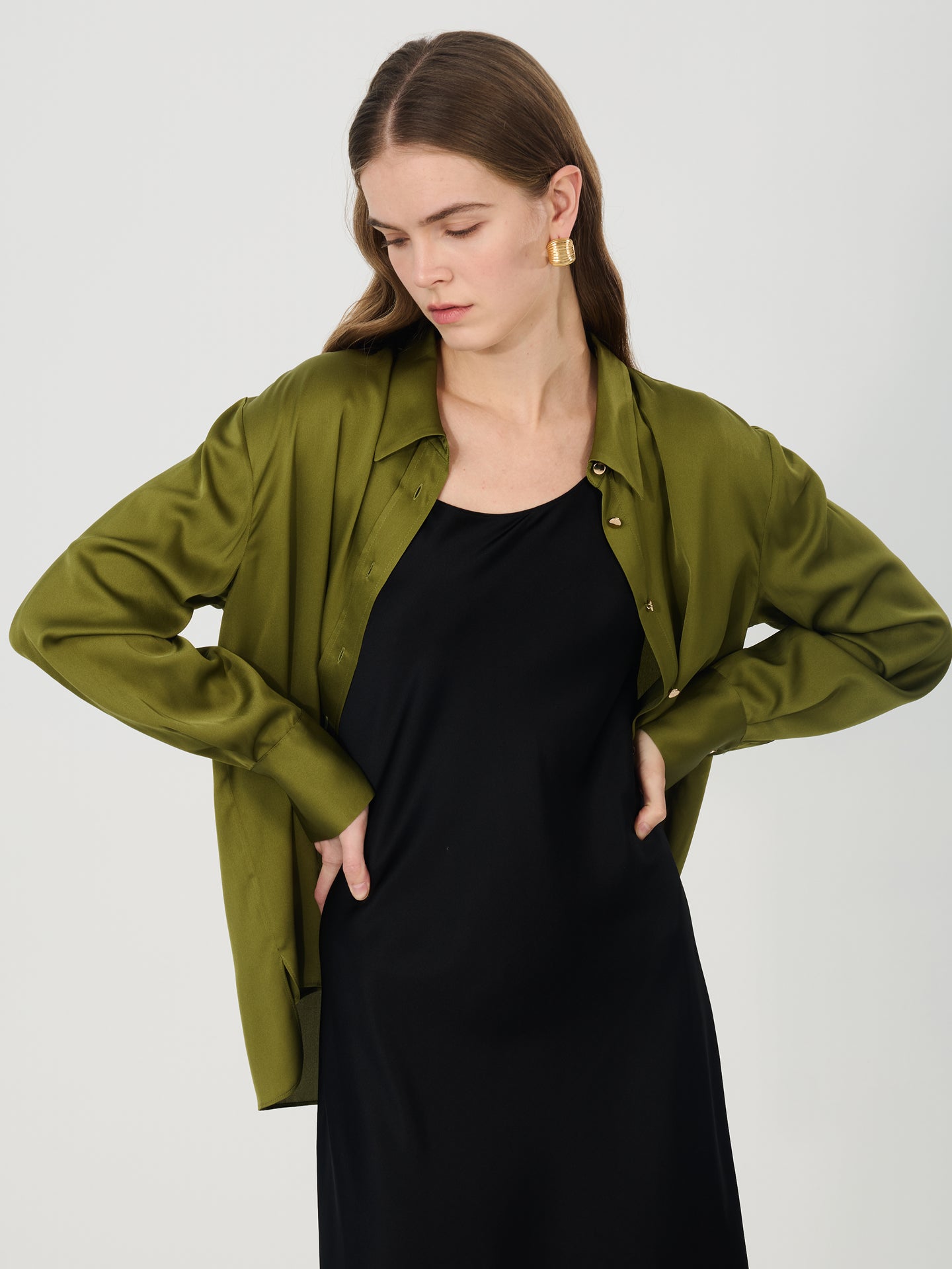 Silk Metal-Button Shirt#color_Dark Olive