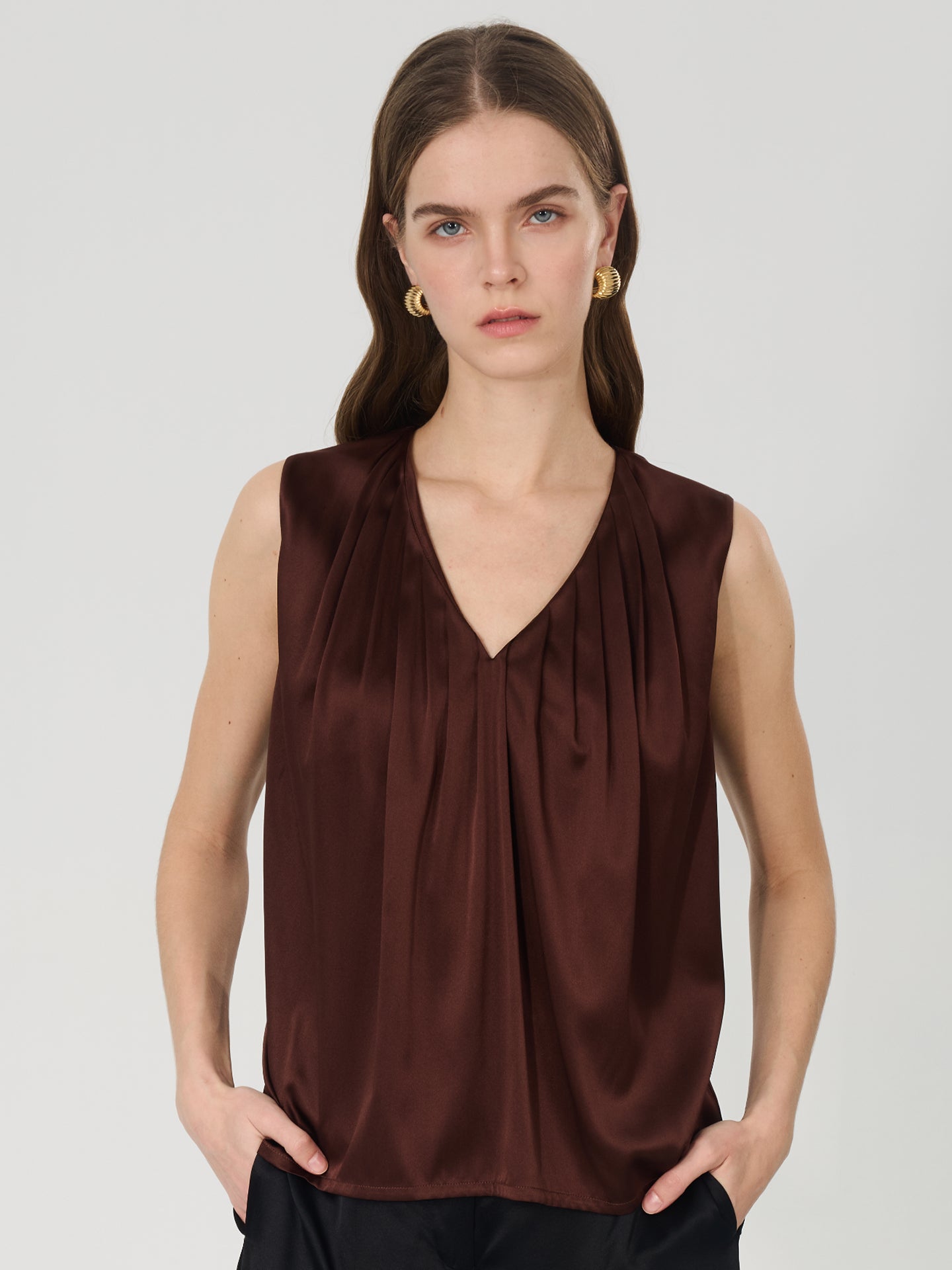 Mulberry Silk V-Neck Ruched Twist Top#color_Chocolate