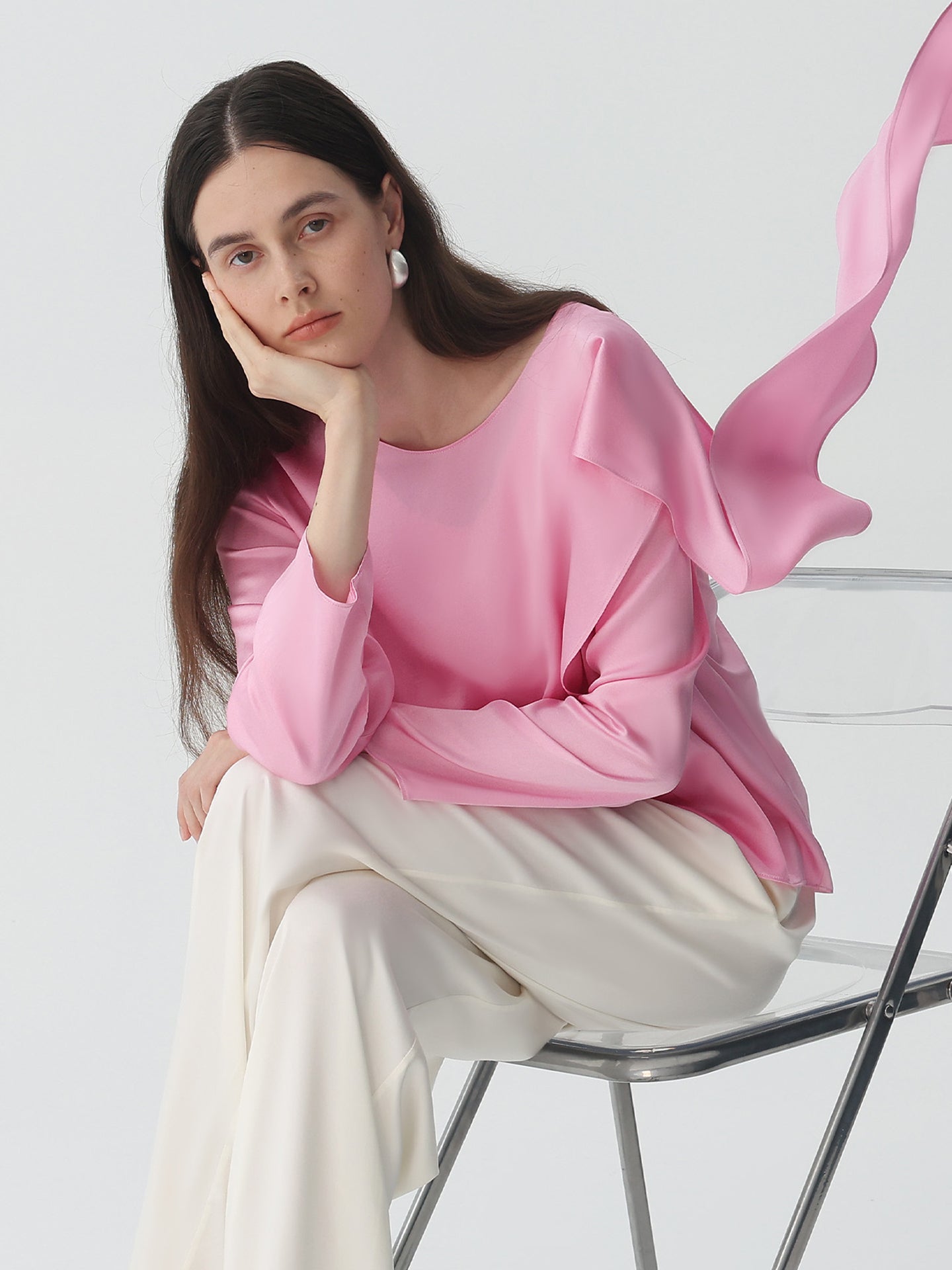 Pollover Scarf-Collar Blouse in Silk#color_Pink
