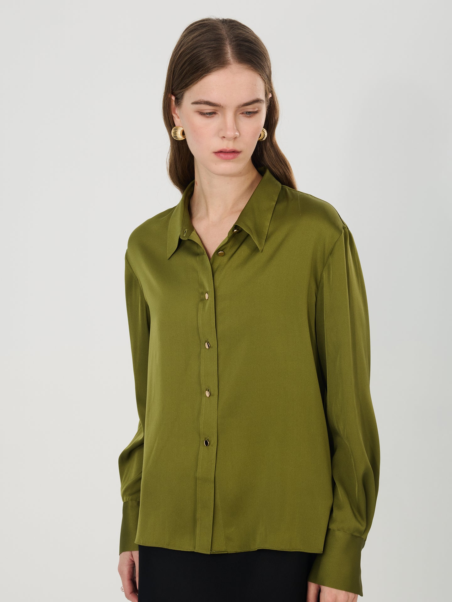 Silk Metal-Button Shirt#color_Dark Olive
