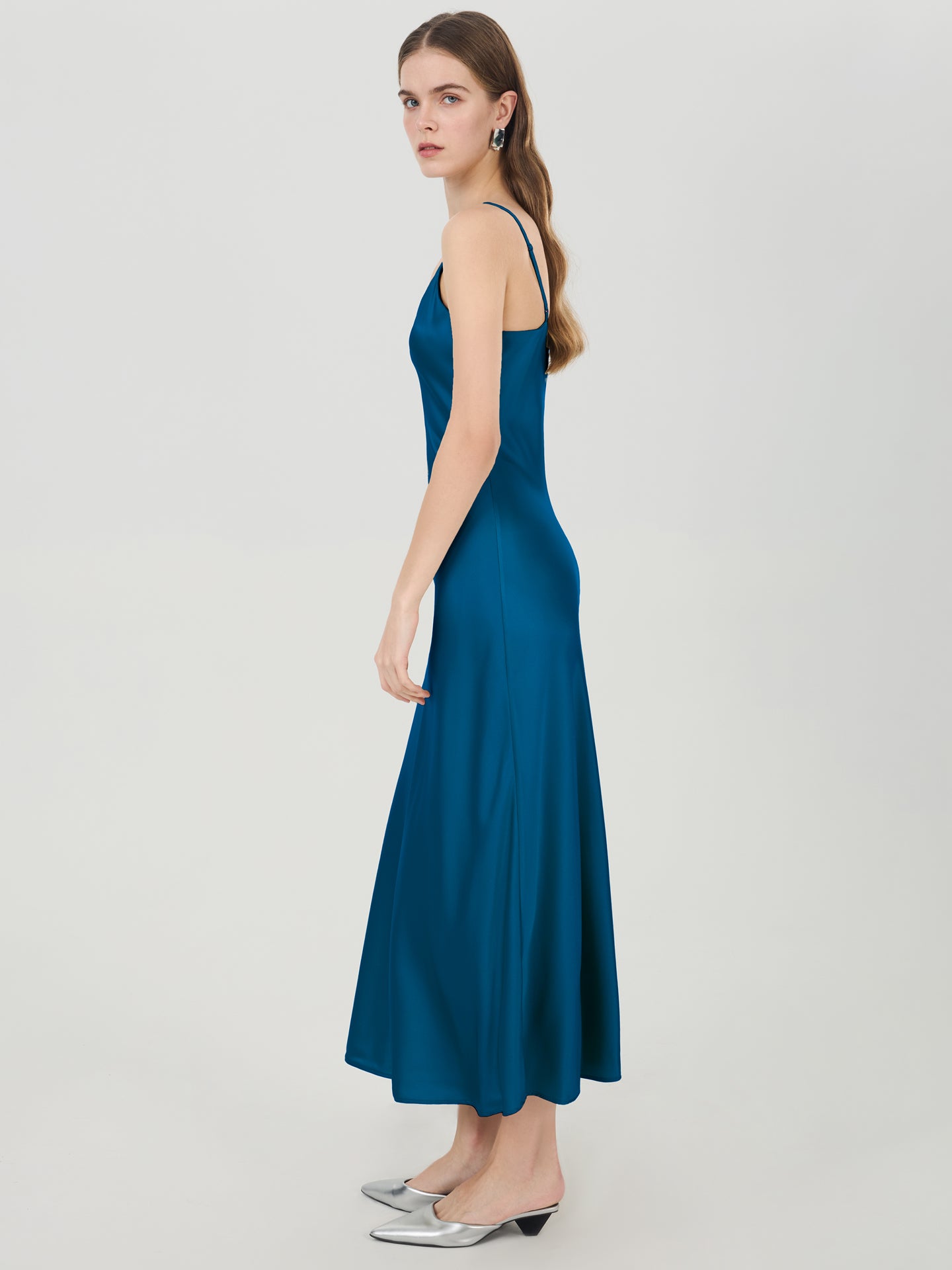 Silk V-Neck Slip Maxi Dress#color_Teal