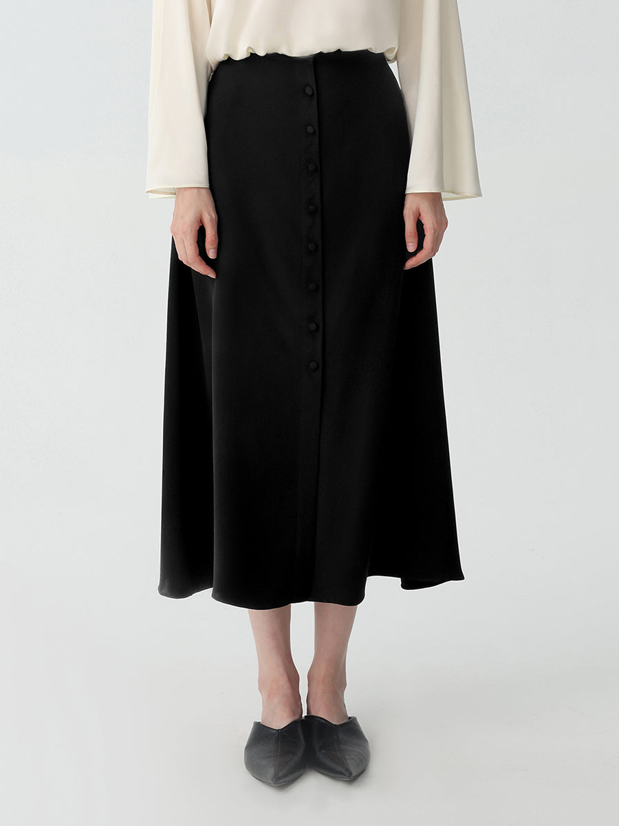 Button-down Silk Midi Skirt #color_Black