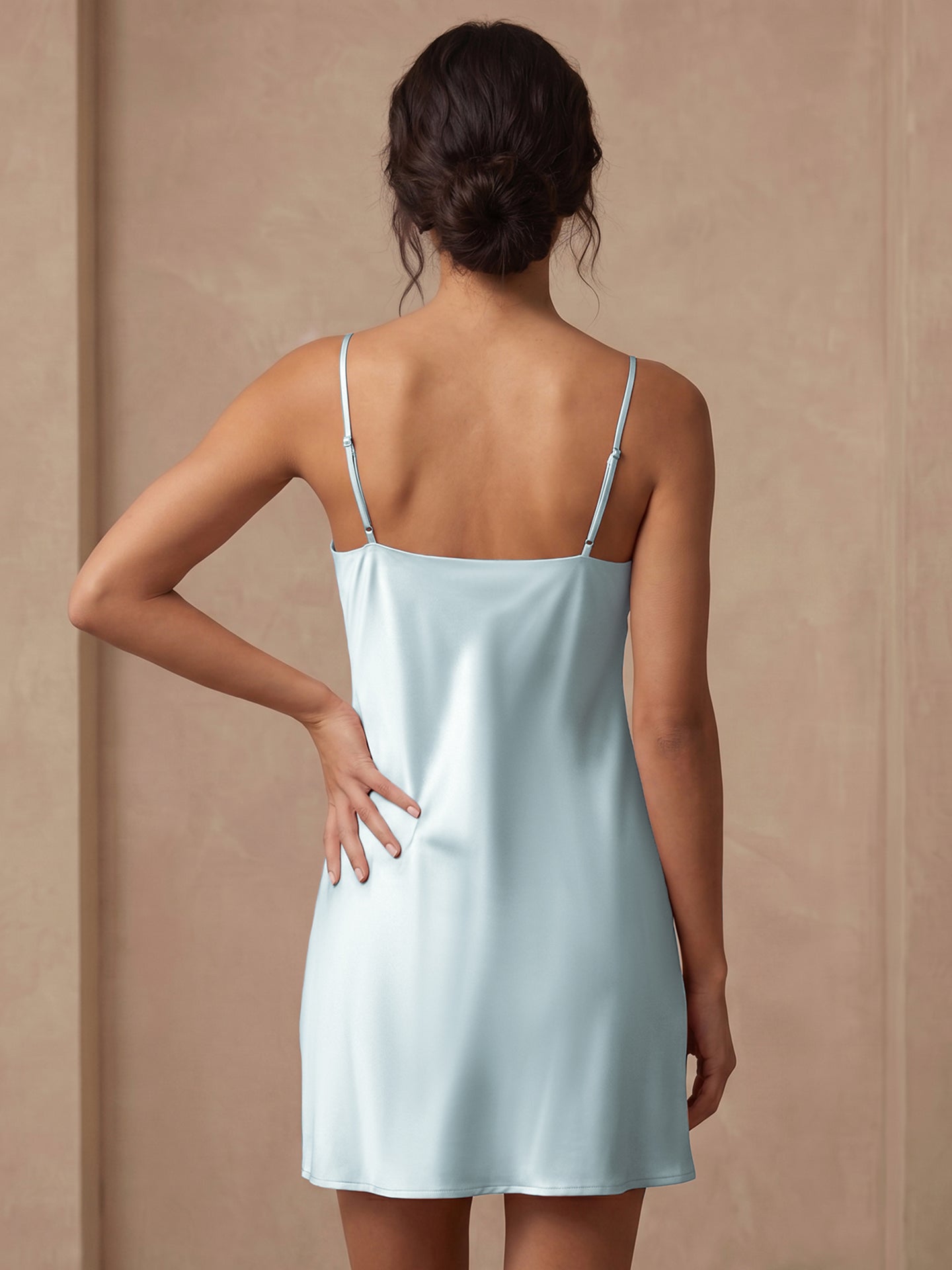 100% Mulberry Silk Cowl Neck Slip Nightdress#color_Baby Blue