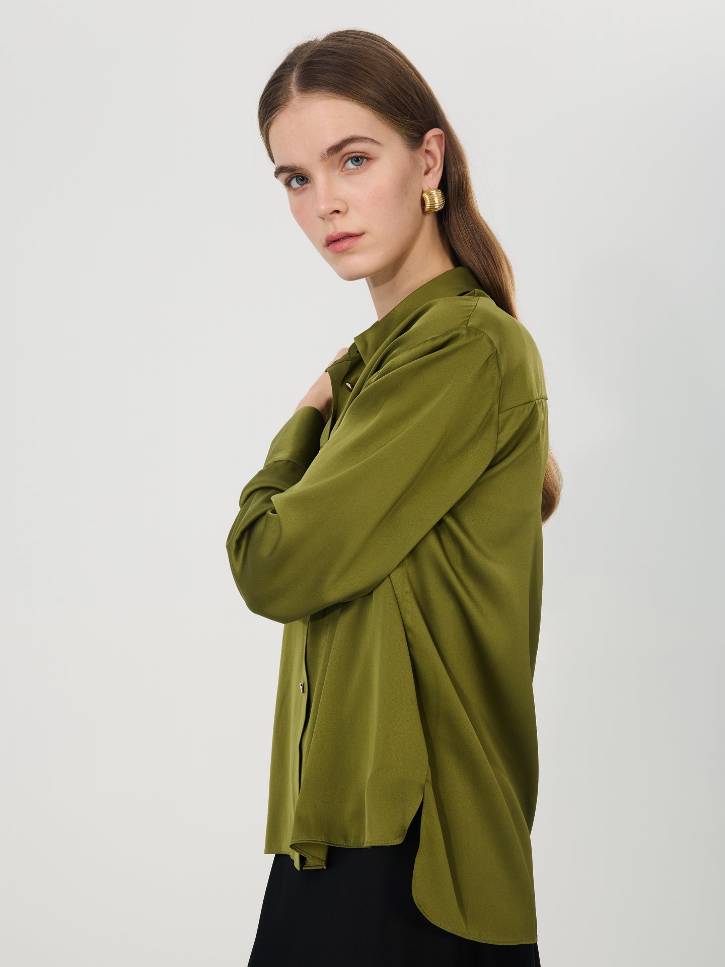 Silk Metal-Button Shirt#color_Dark Olive