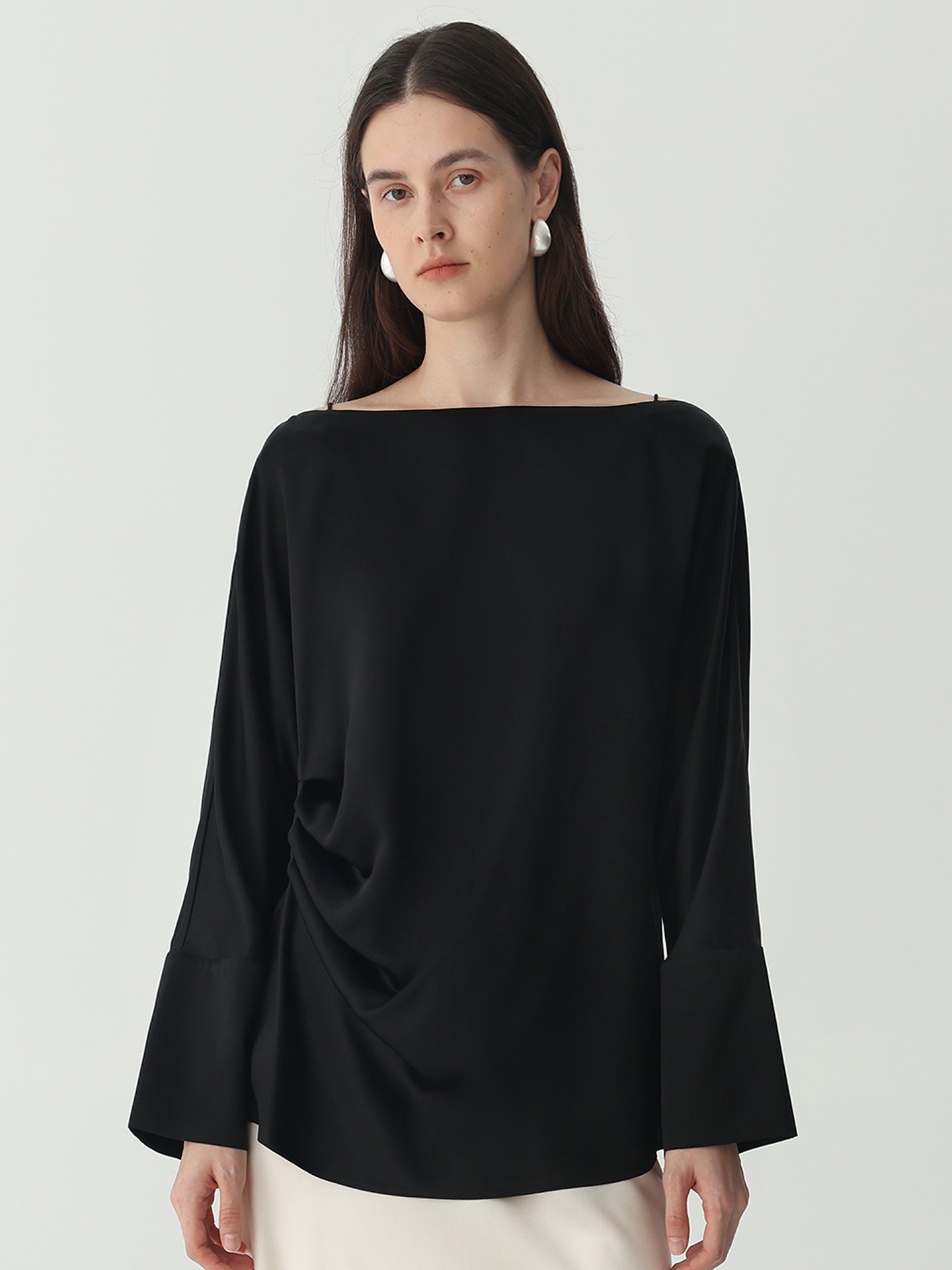 Batwing Sleeve Silk Top with Asymmetrical Pleates#color_Black