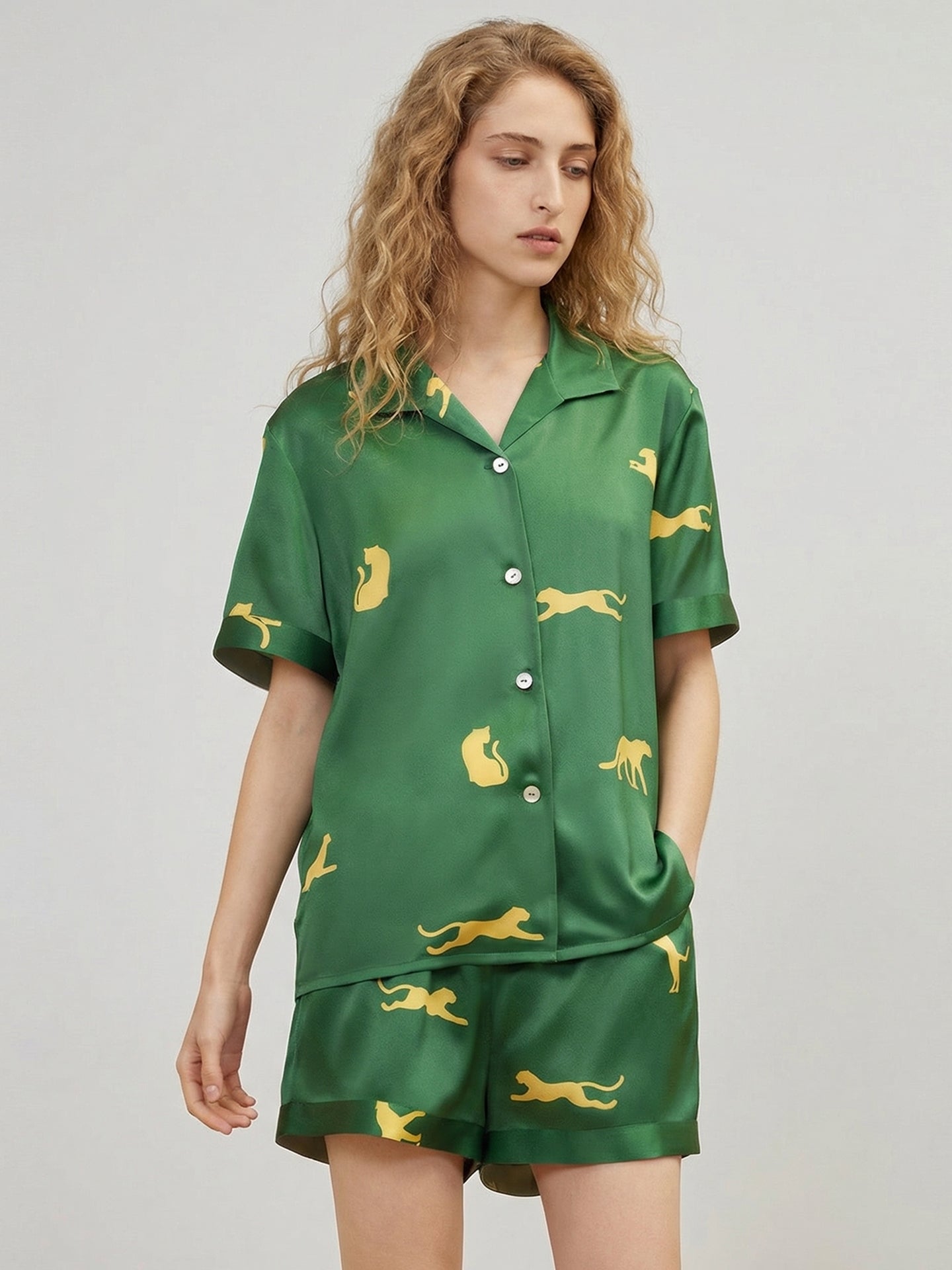 Silk Leopard Print Pajama Set#color_Dark Green