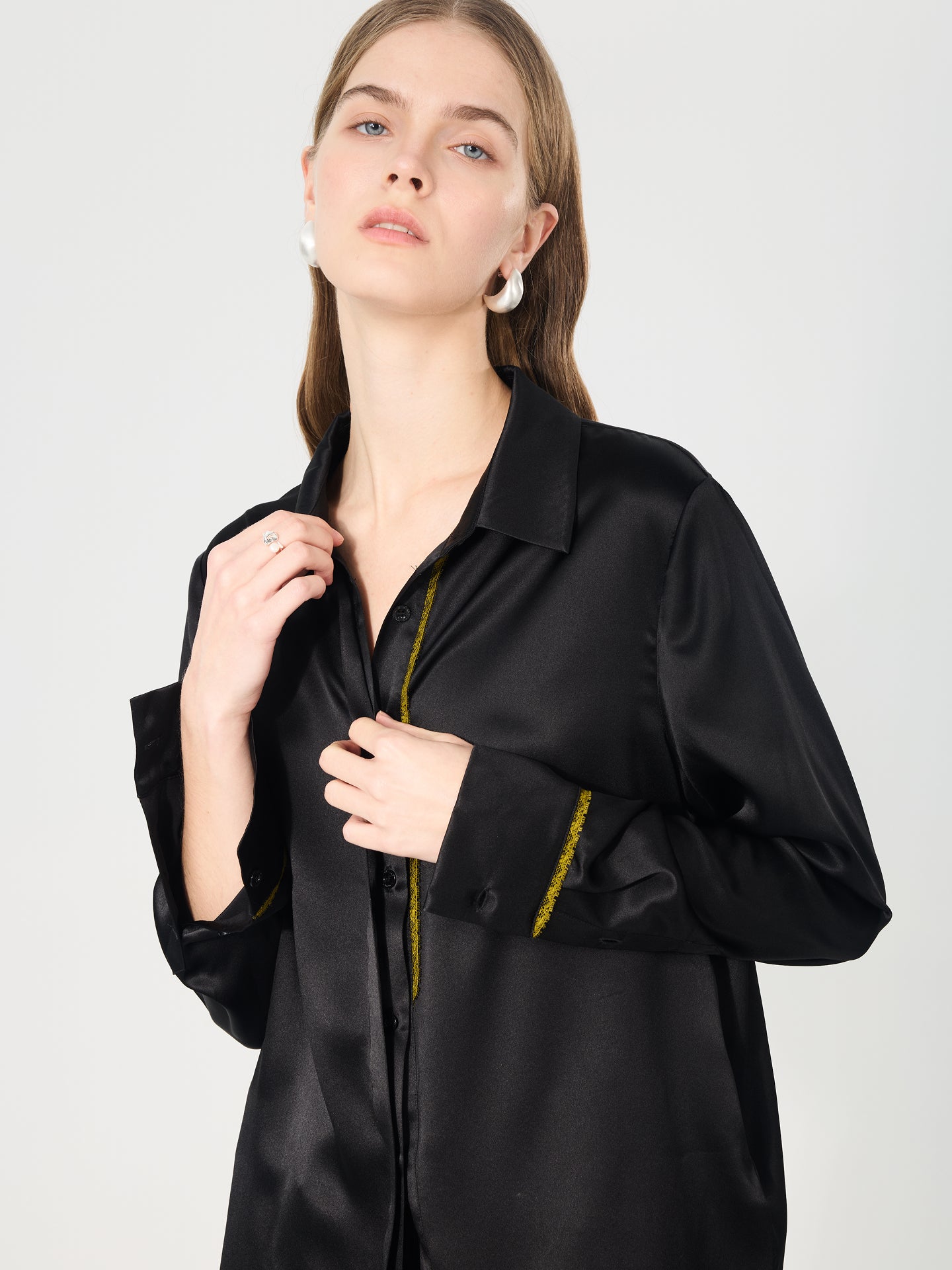 Mulberry Silk Contrast-Trim Shirt#color_Black