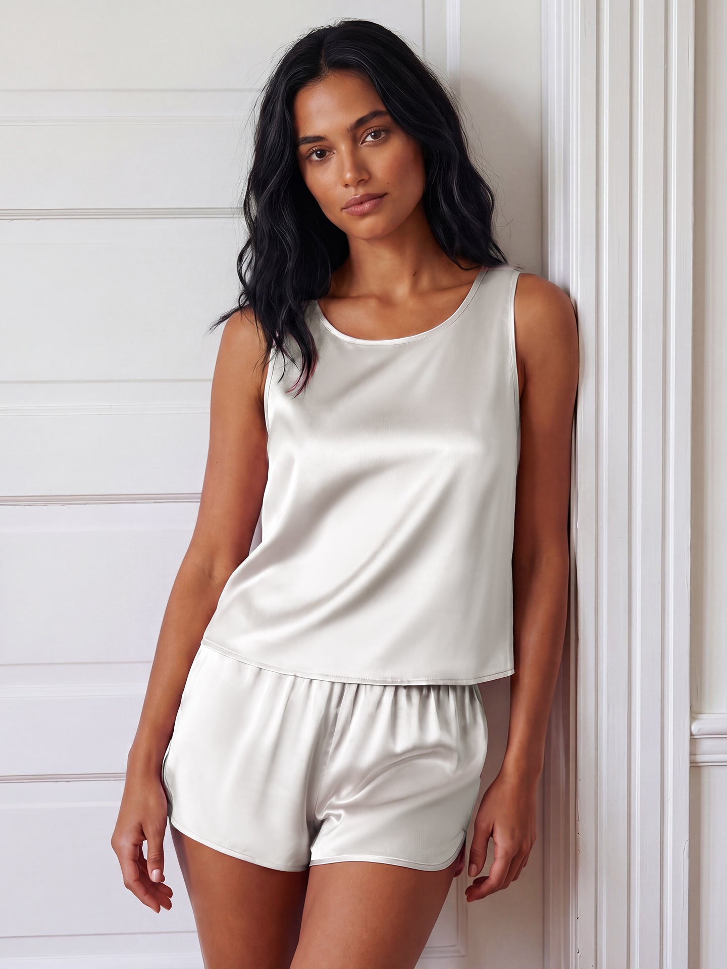 19 Momme Mulberry Silk Tank Pajama Set with Shorts#color_Grey