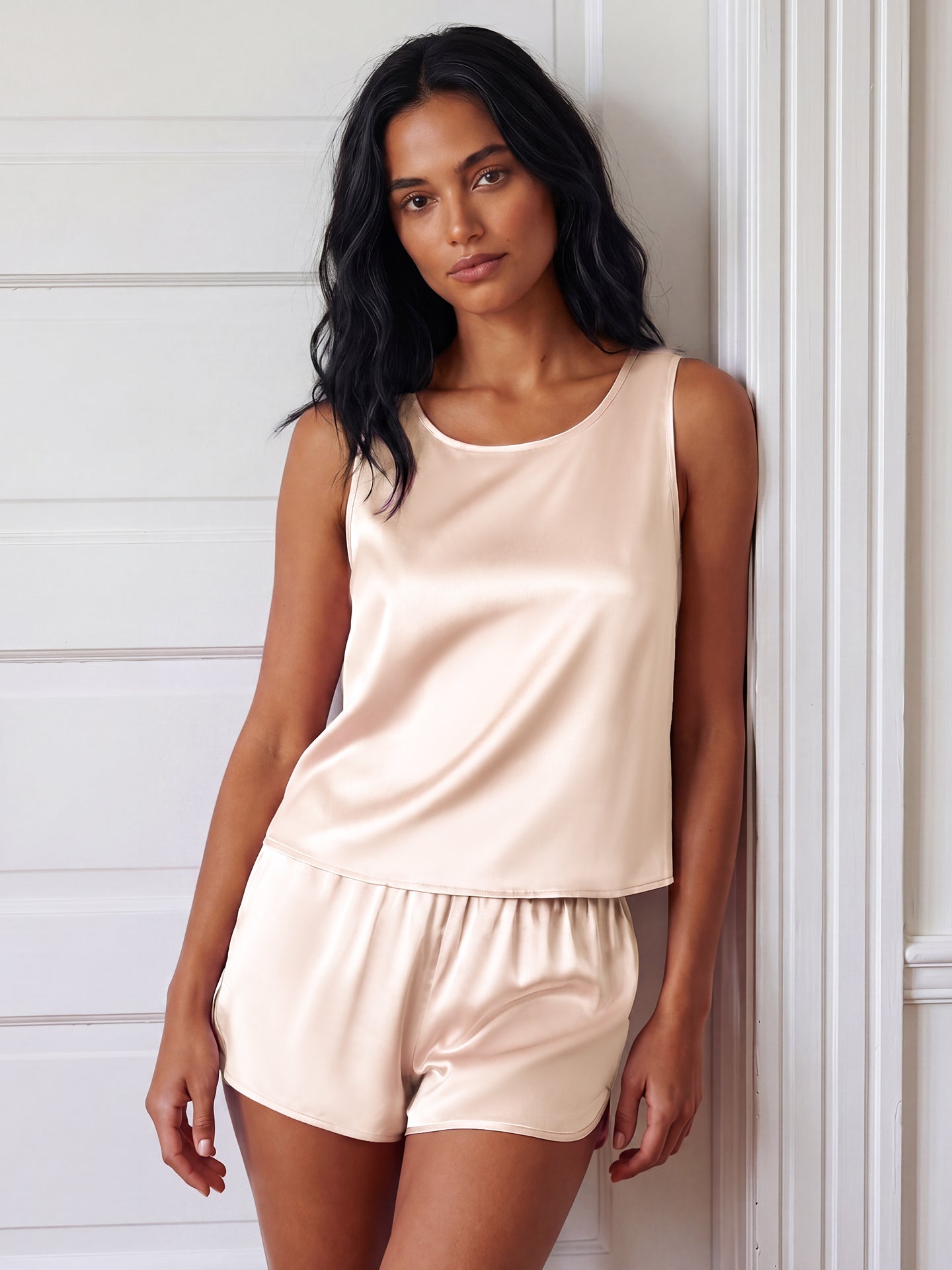 19 Momme Mulberry Silk Tank Pajama Set with Shorts#color_Blush Beige