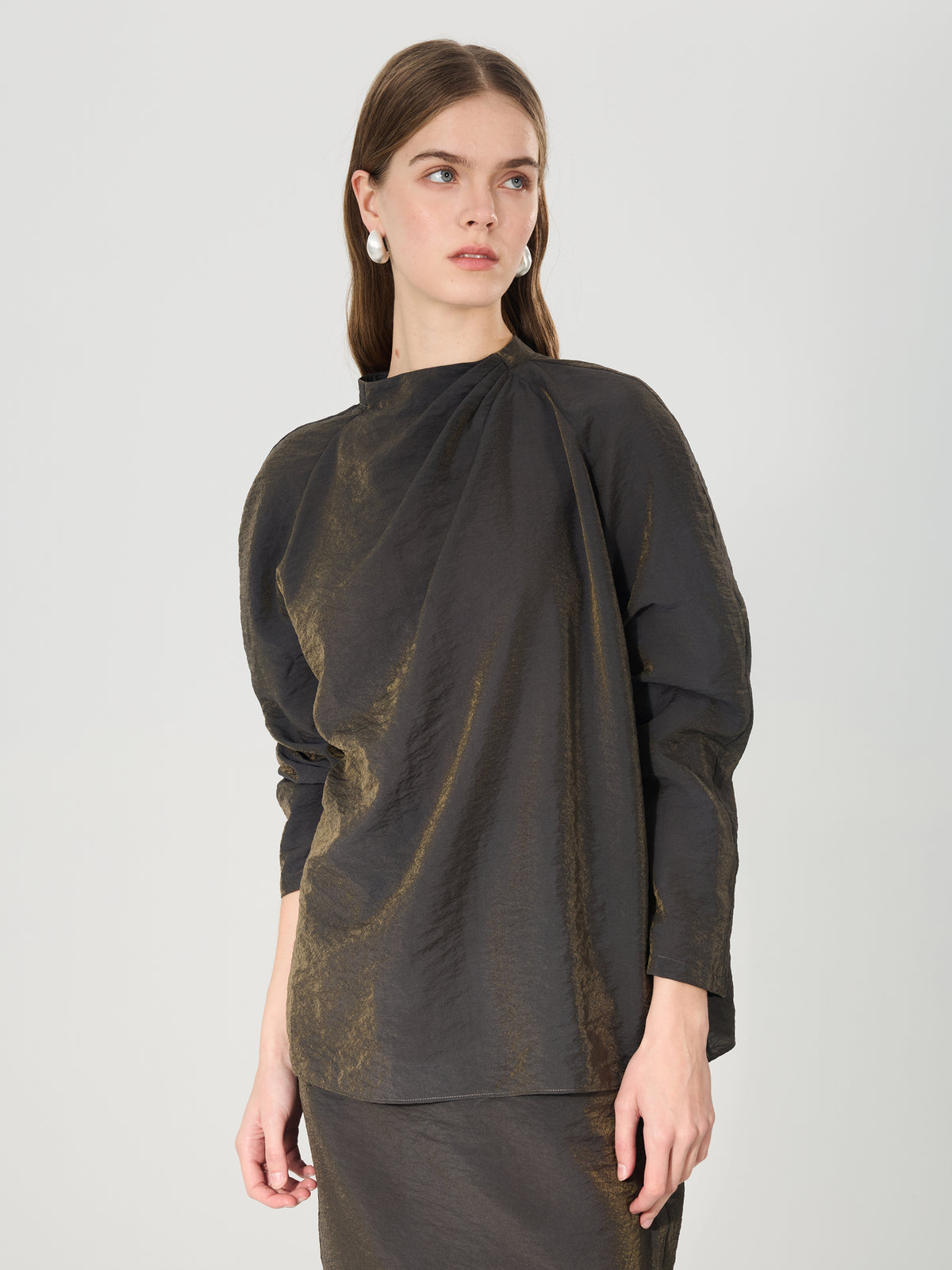 Mulberry Silk Draped Long Sleeve Blouse#color_Charcoal