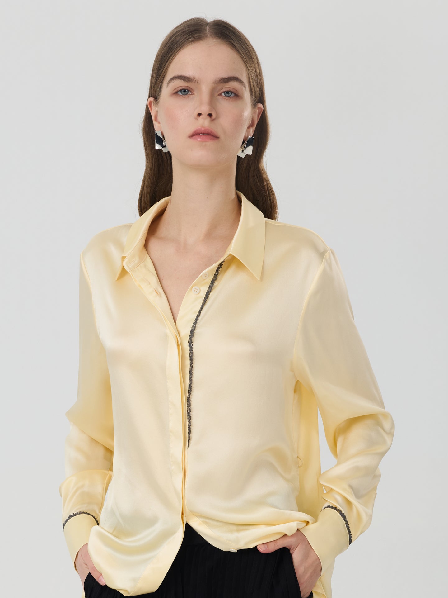 Mulberry Silk Contrast-Trim Shirt#color_Light Lemon Yellow