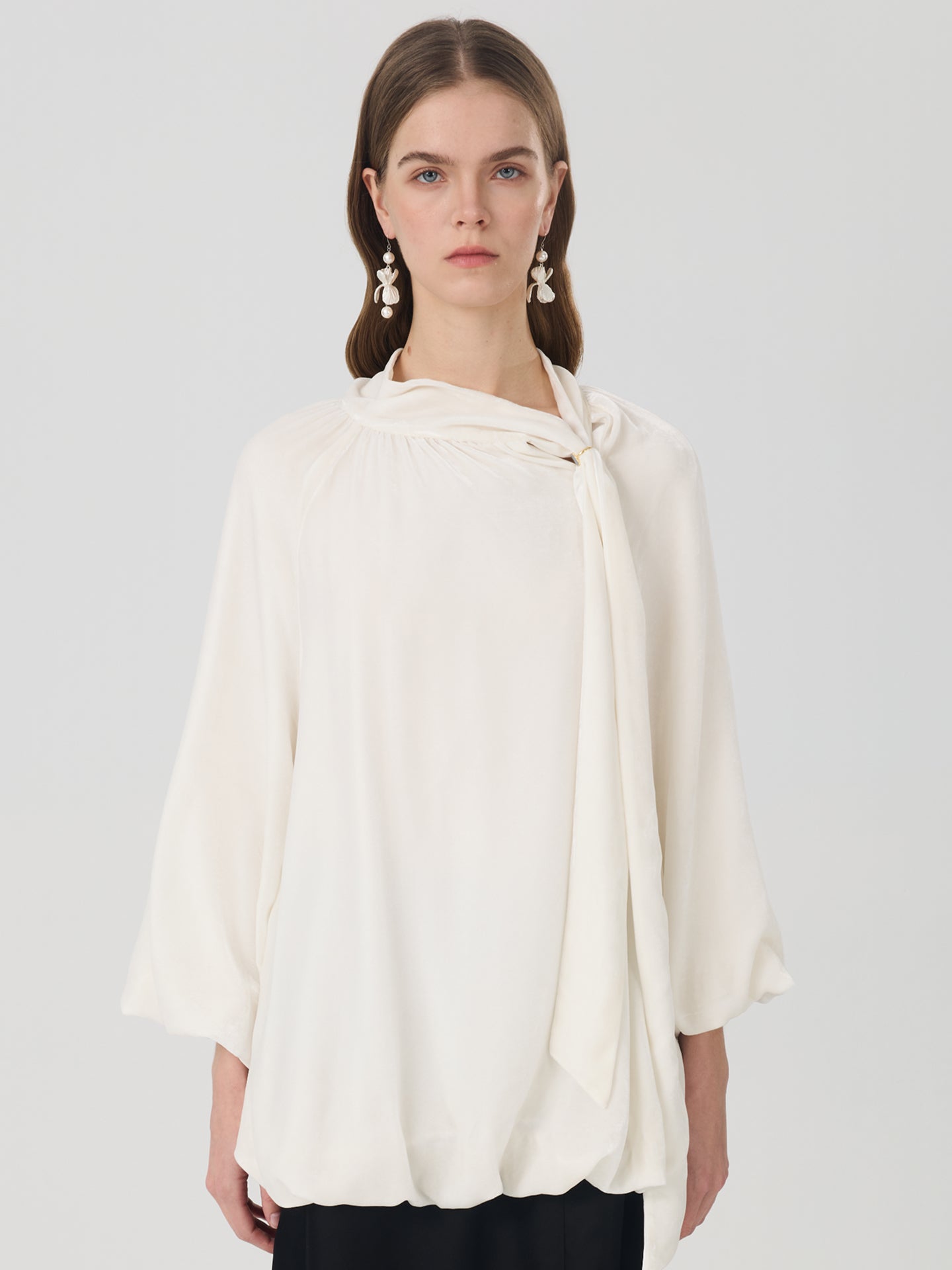 Silk Blend Tie-Neck Blouson Blouse#color_White