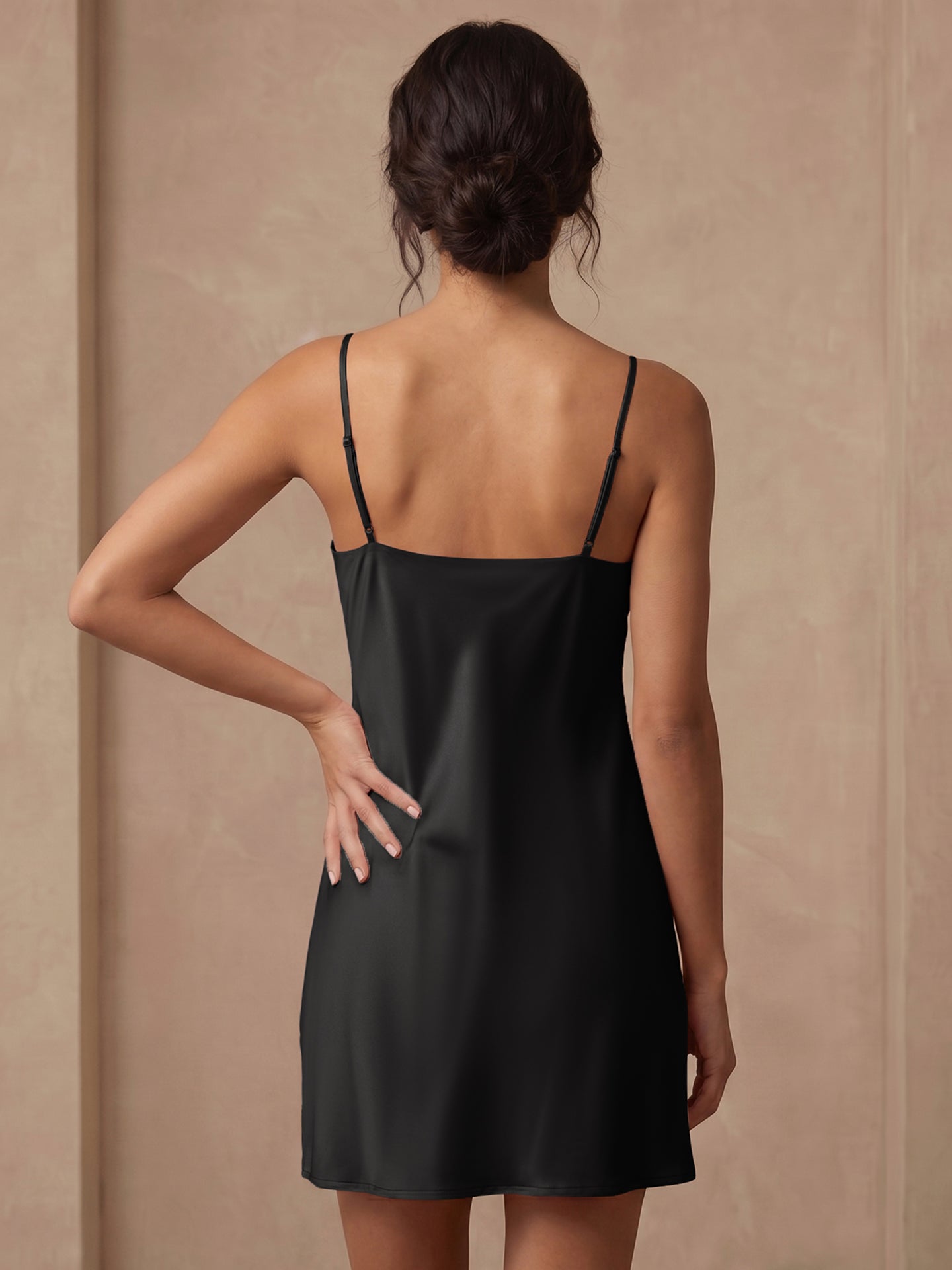 100% Mulberry Silk Cowl Neck Slip Nightdress#color_Black